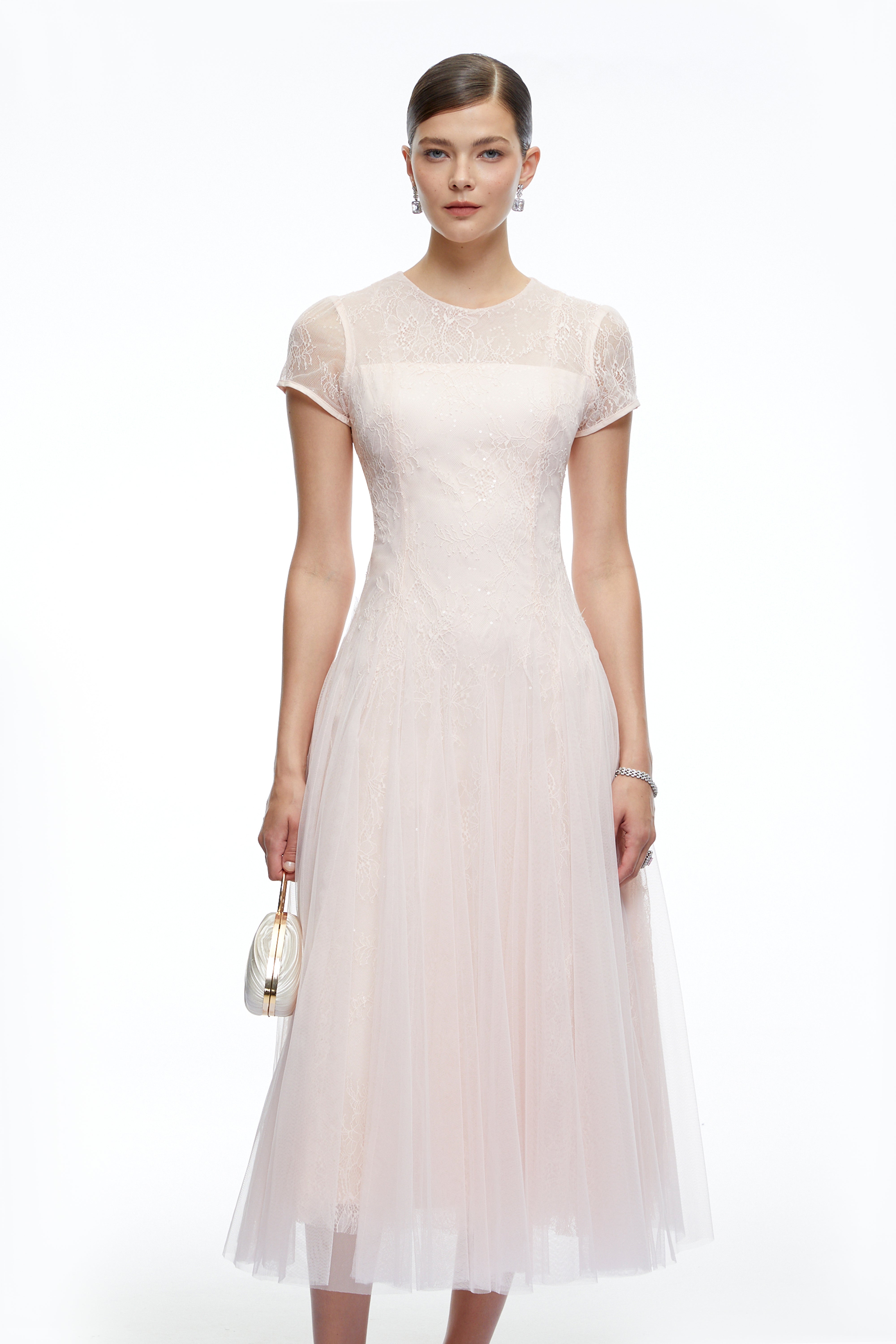 Robe mi-longue à manches courtes et paillettes Marnie Pink