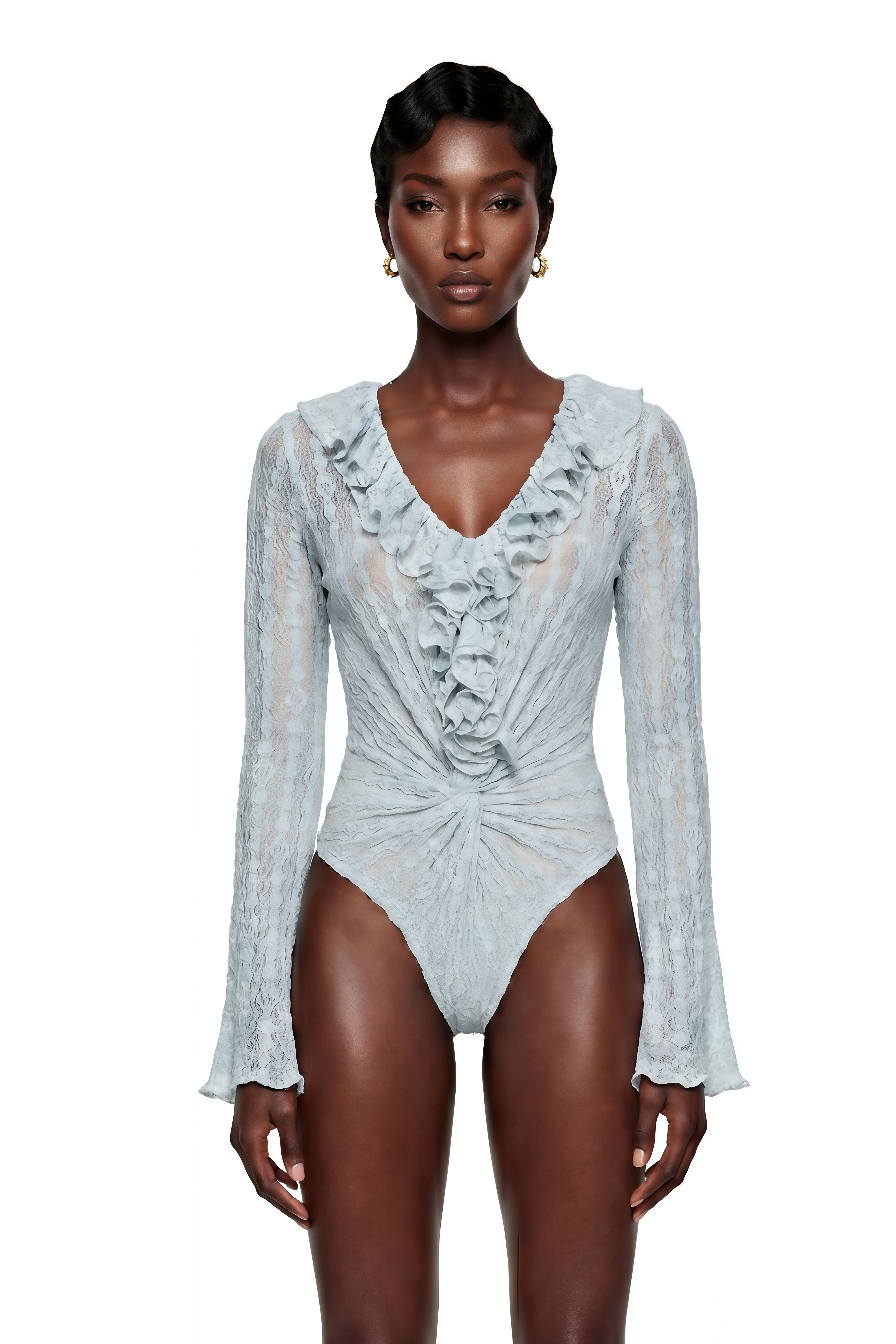 Maryna Blue Semi Sheer Ruffled Lace Bodysuit