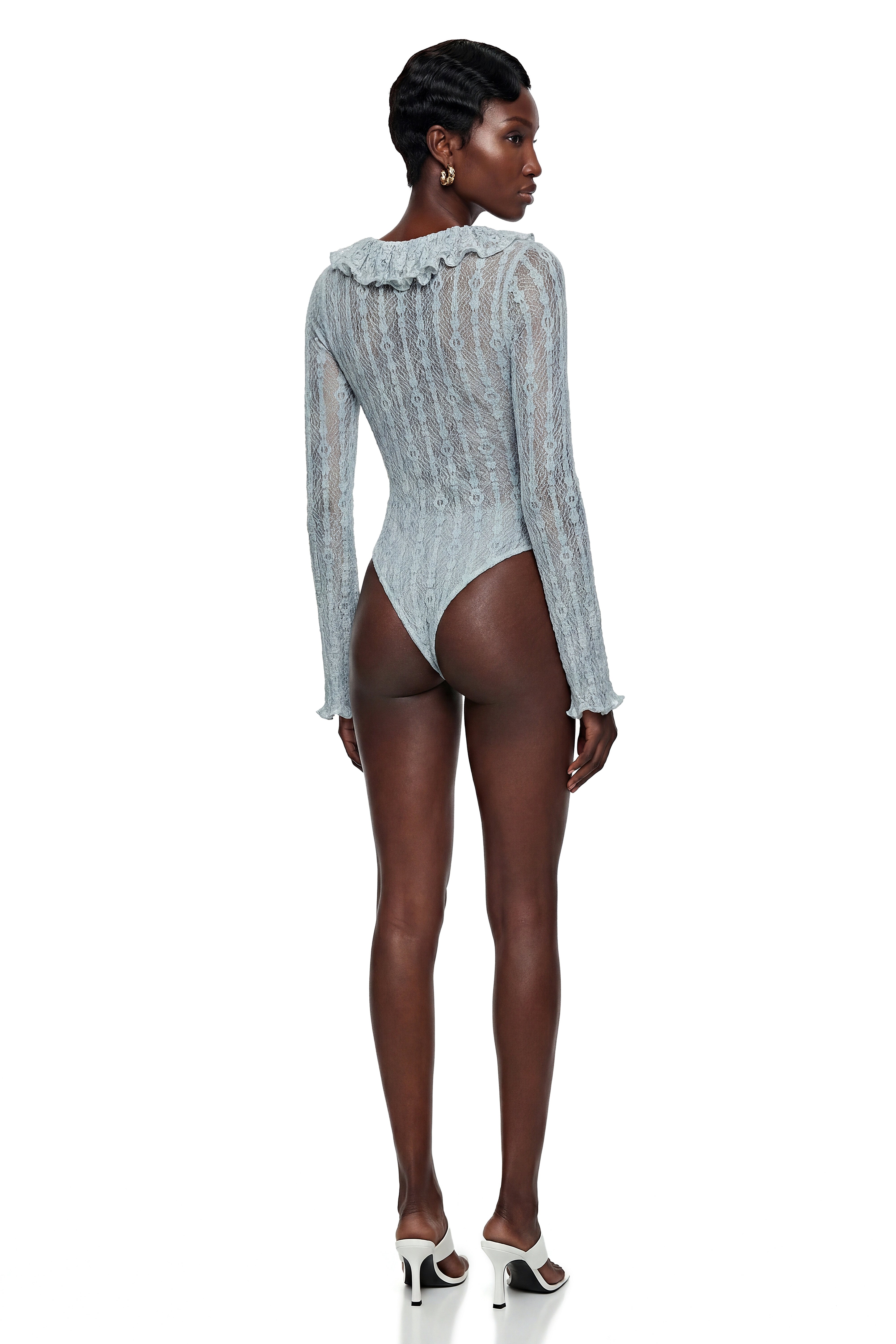 Maryna Blue Semi Sheer Ruffled Lace Bodysuit