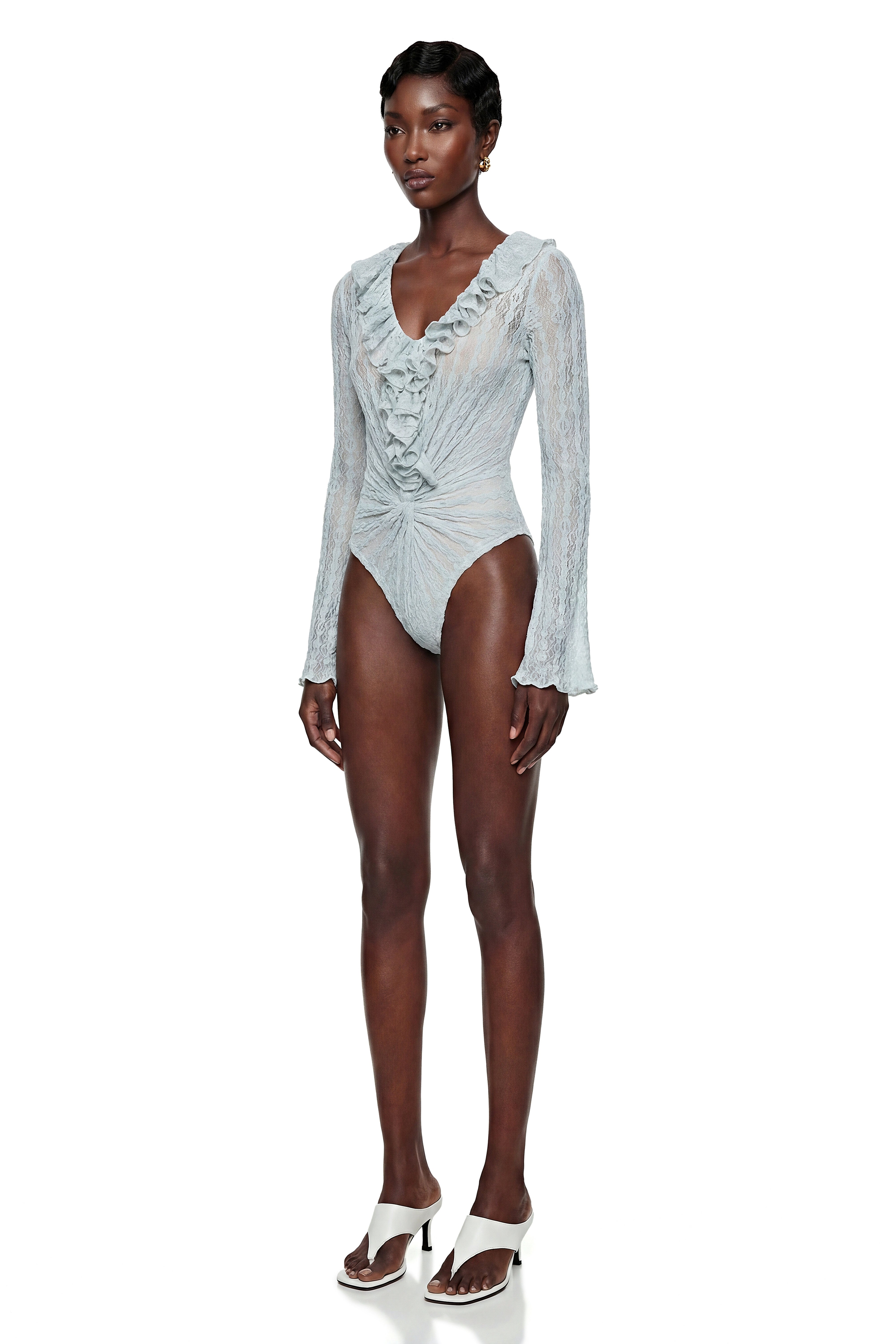 Maryna Blue Semi Sheer Ruffled Lace Bodysuit