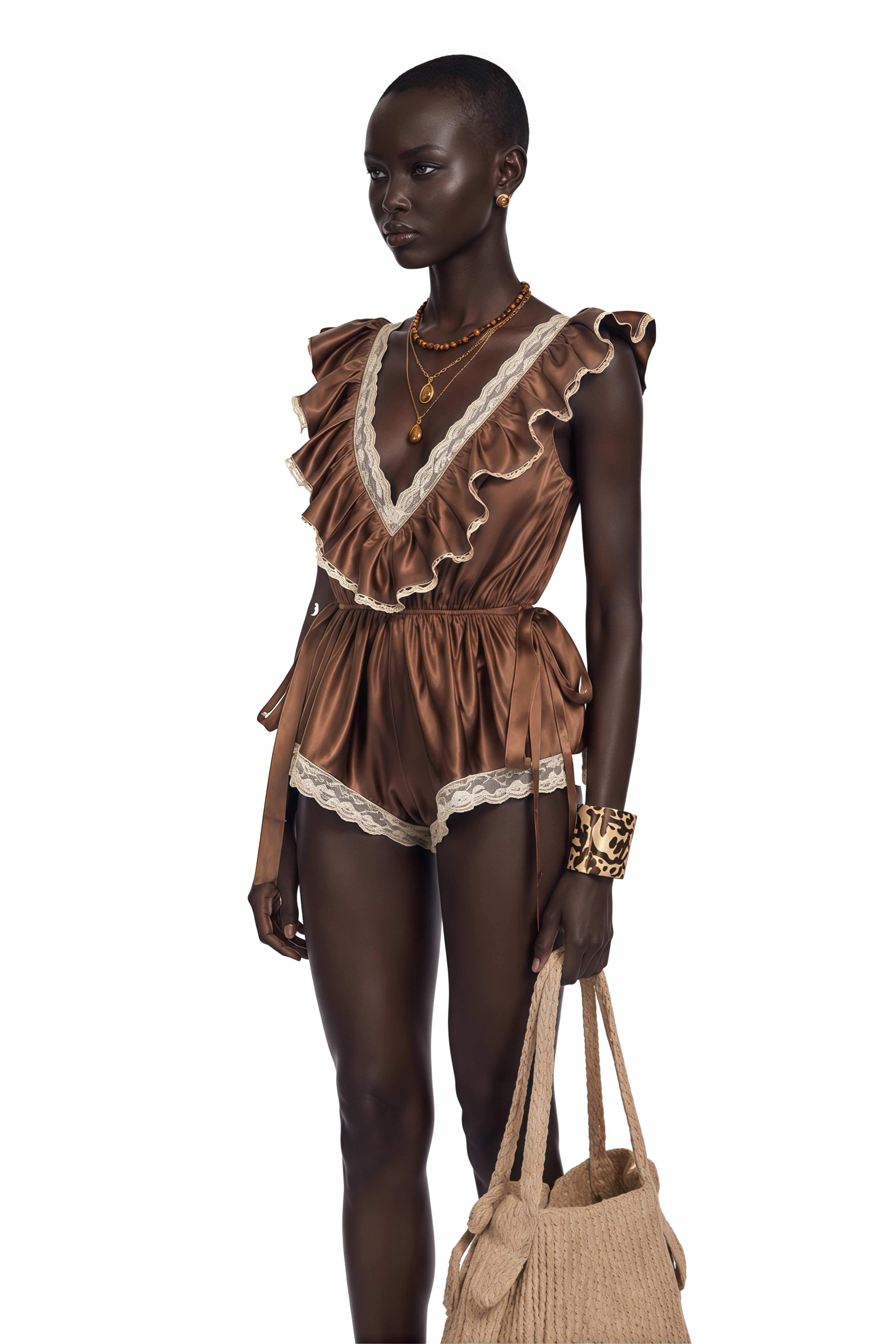 Mazarine Chocolate Brown Satin Jumpsuit with Lace Trim