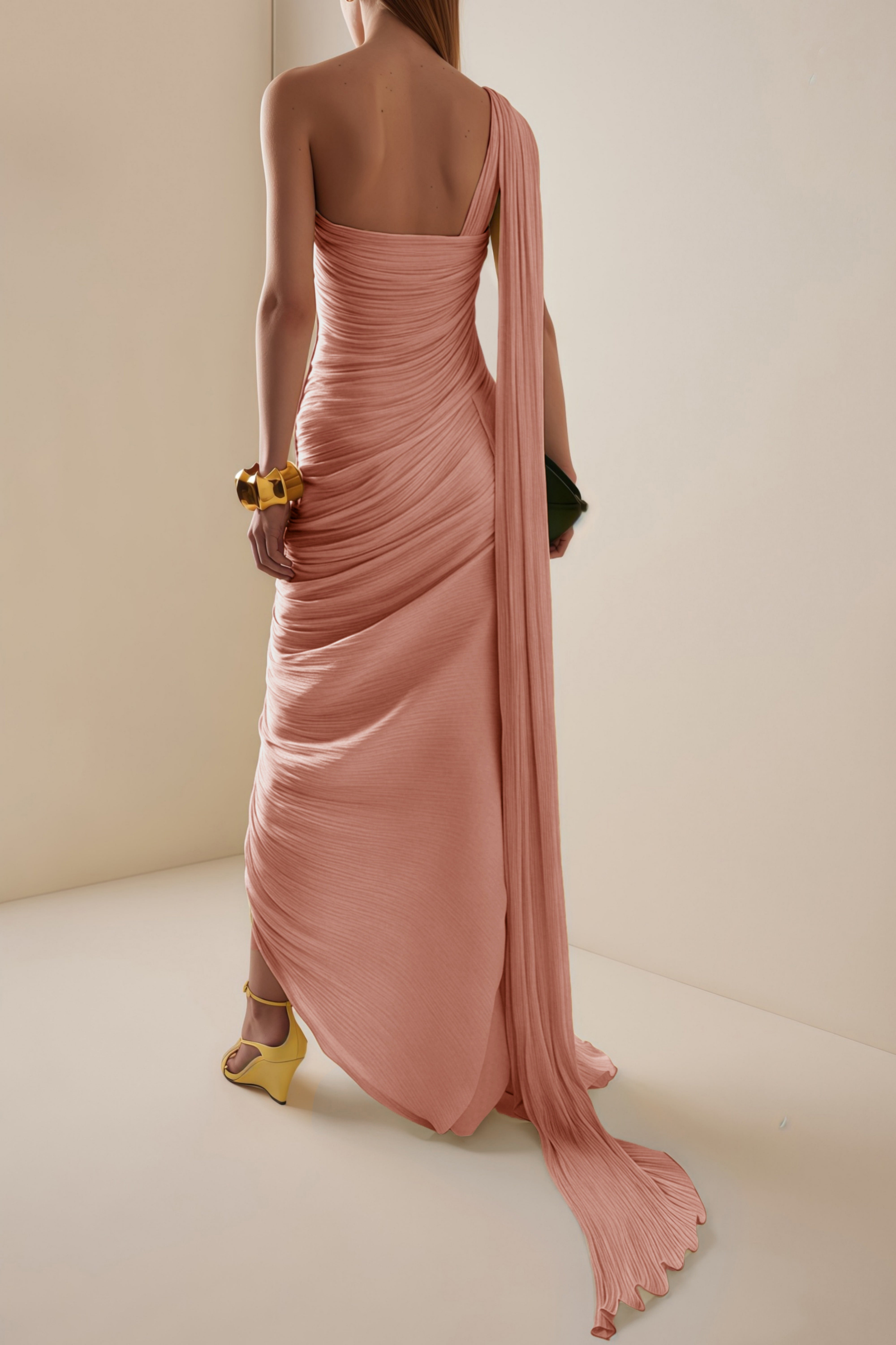 Meissa Pink Asymmetrical Ruched Maxi Dress