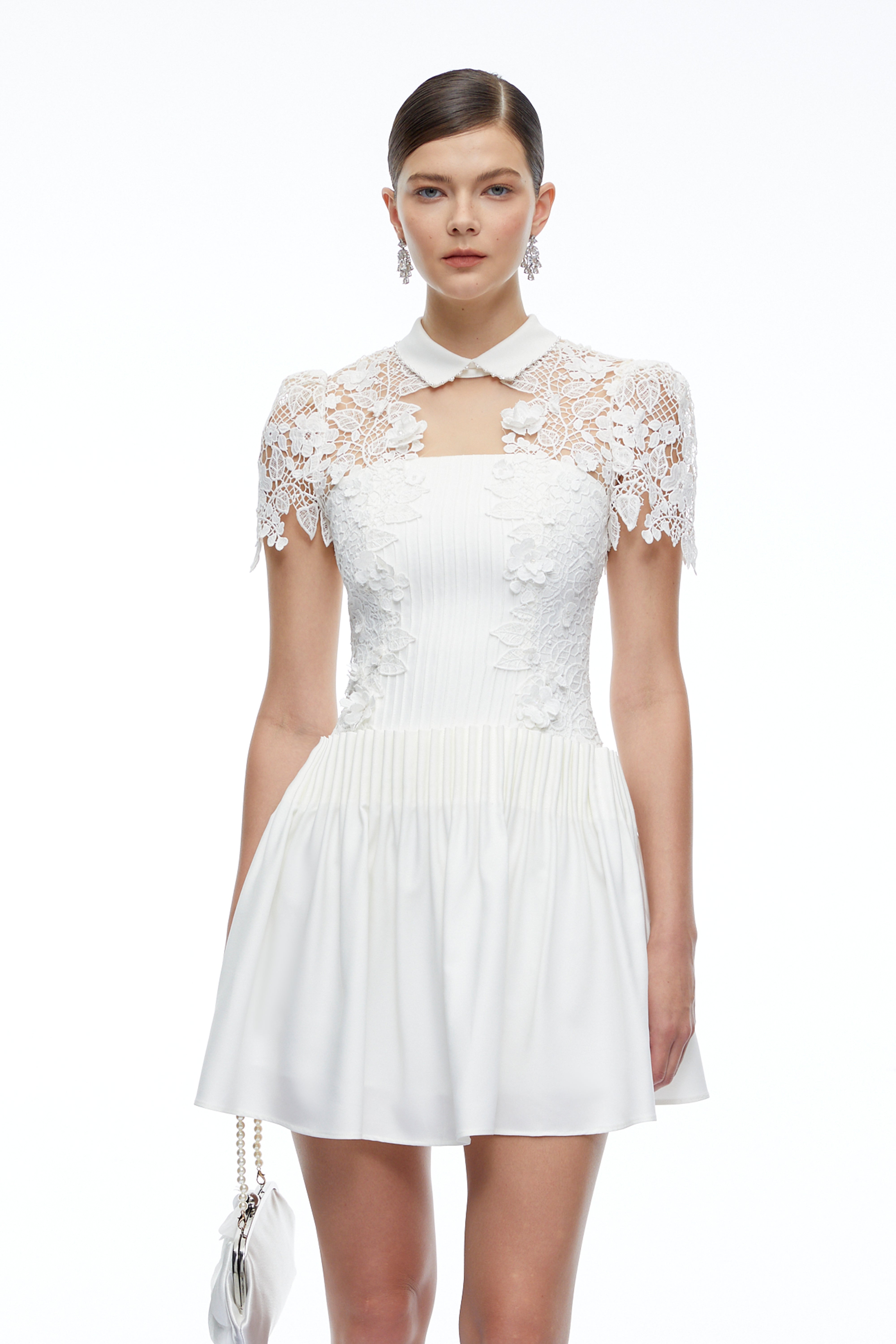 Melusine White Lace Mini Dress with Cape Sleeves