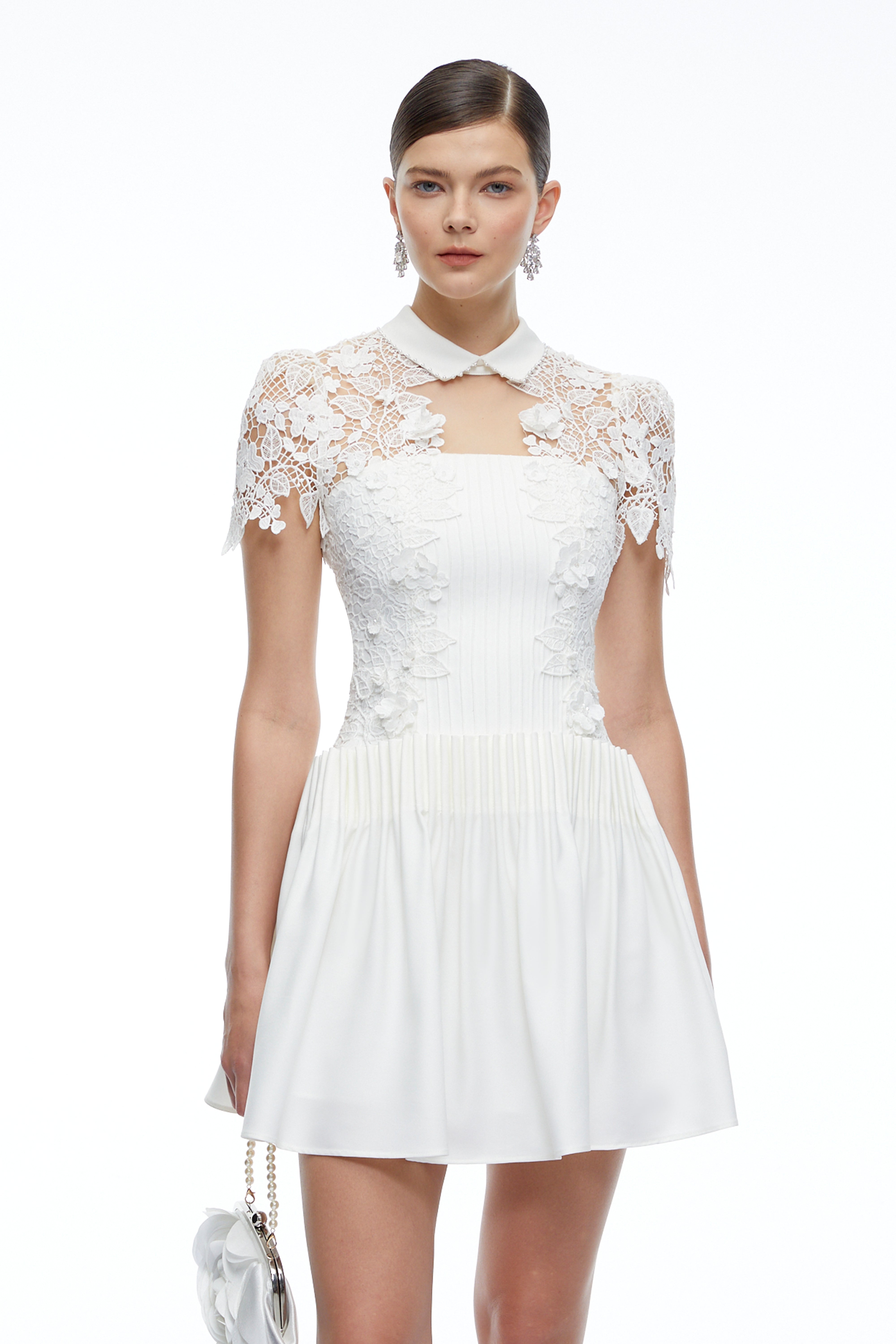 Melusine White Lace Mini Dress with Cape Sleeves