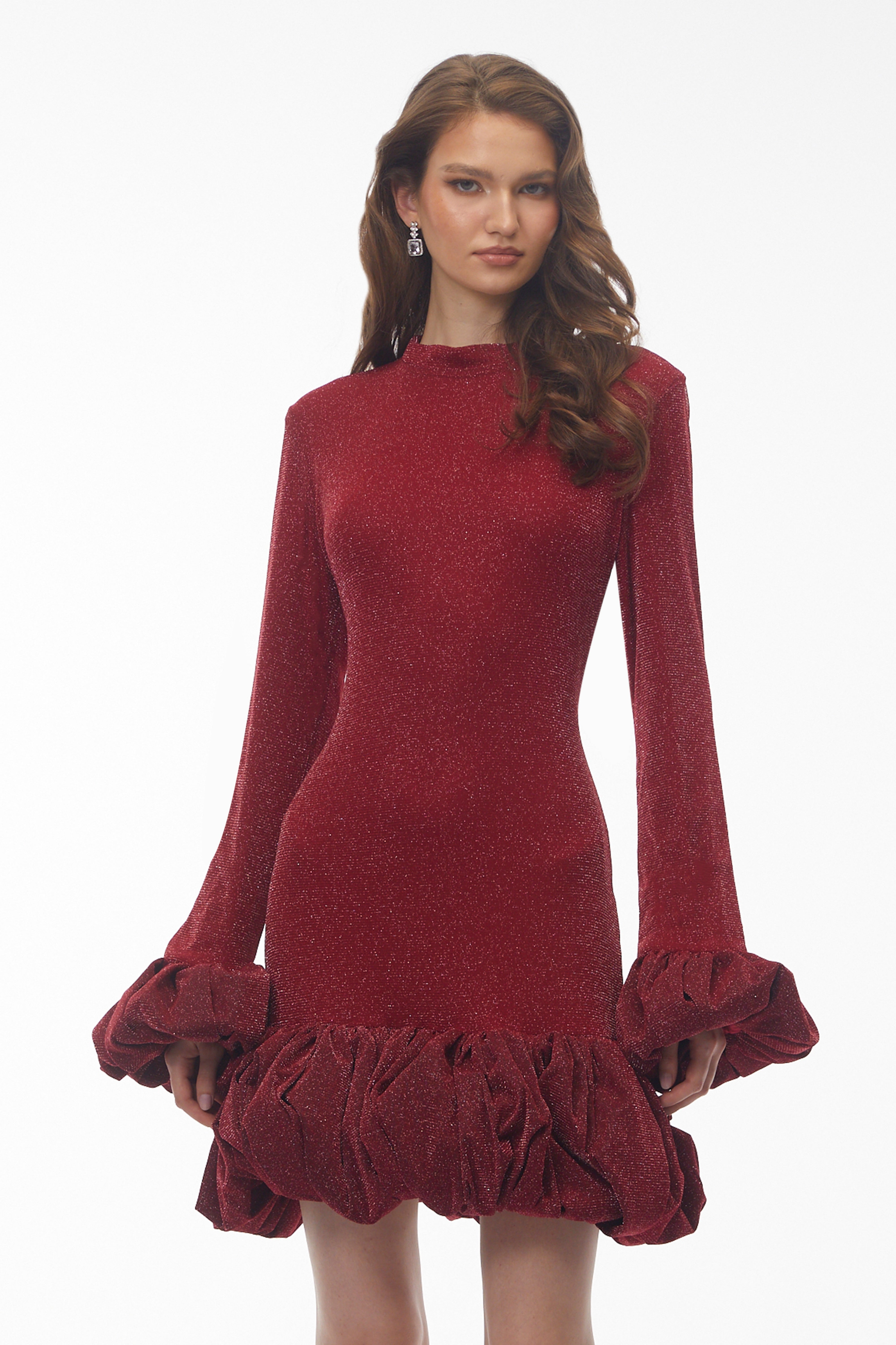 Meredith Red Long Sleeve Midi Dress with Ruffled Trim (Final Sale)