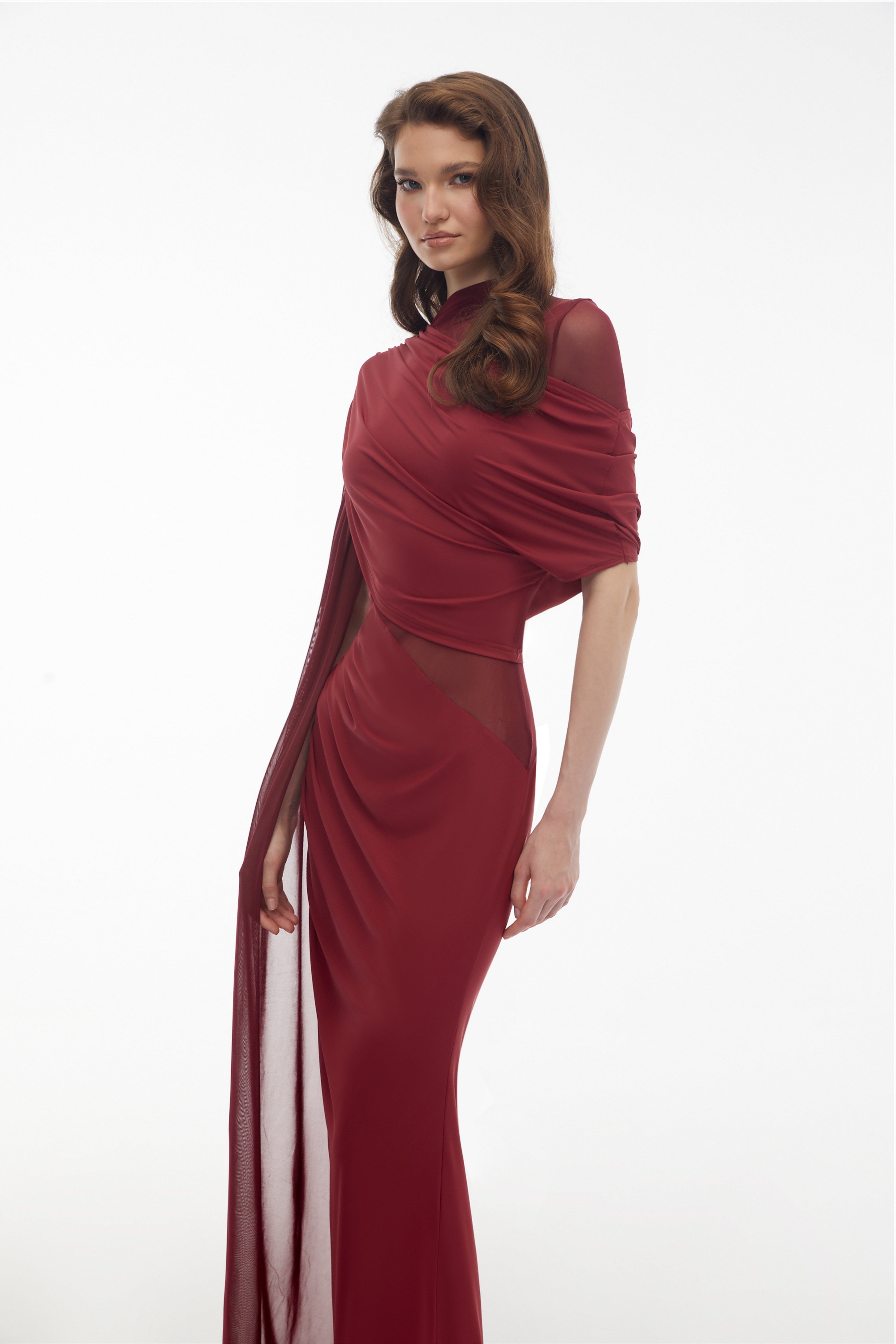 Mioara Red Asymmetrical Draped Cape Design Dress (Final Sale)