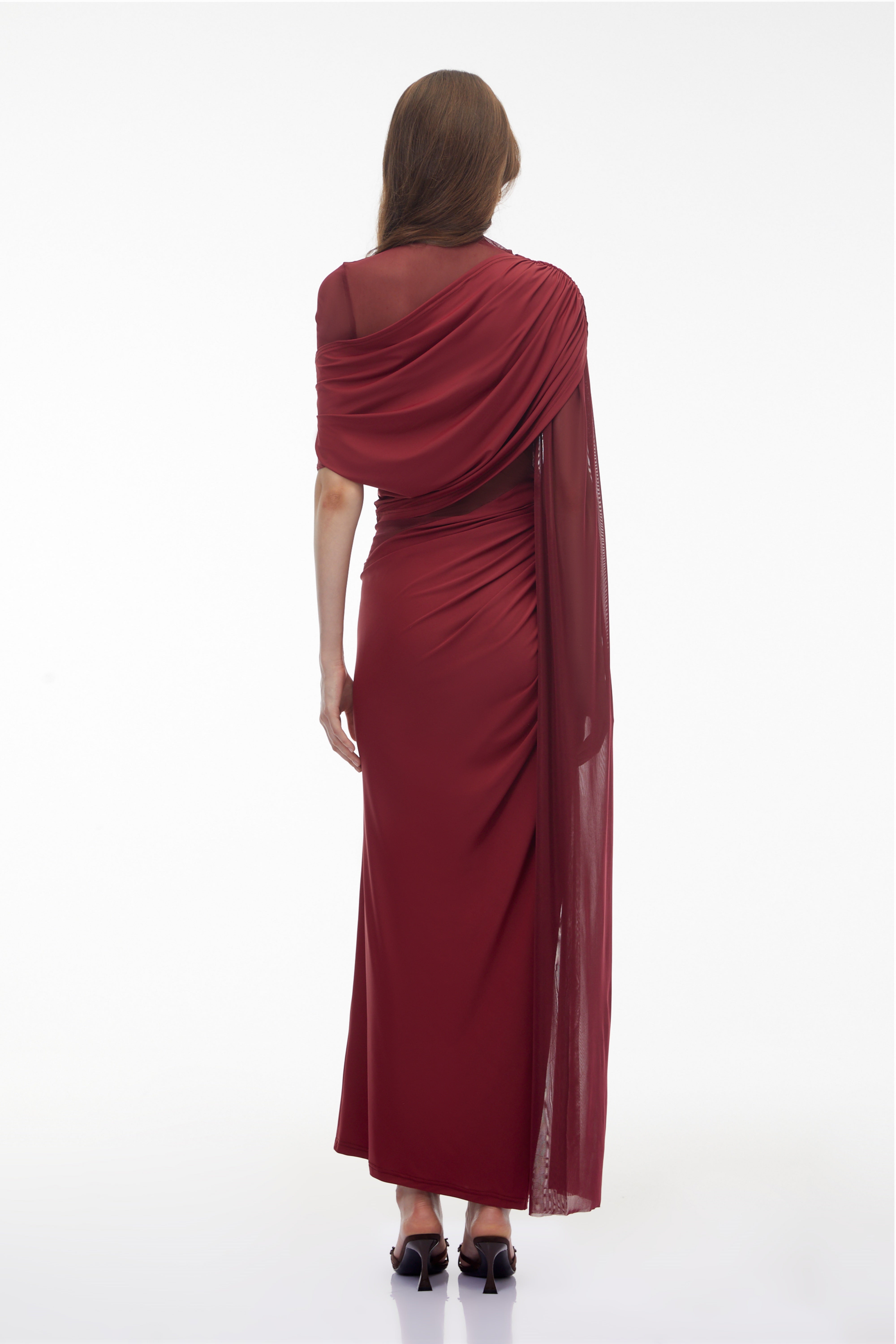 Mioara Red Asymmetrical Draped Cape Design Dress (Final Sale)