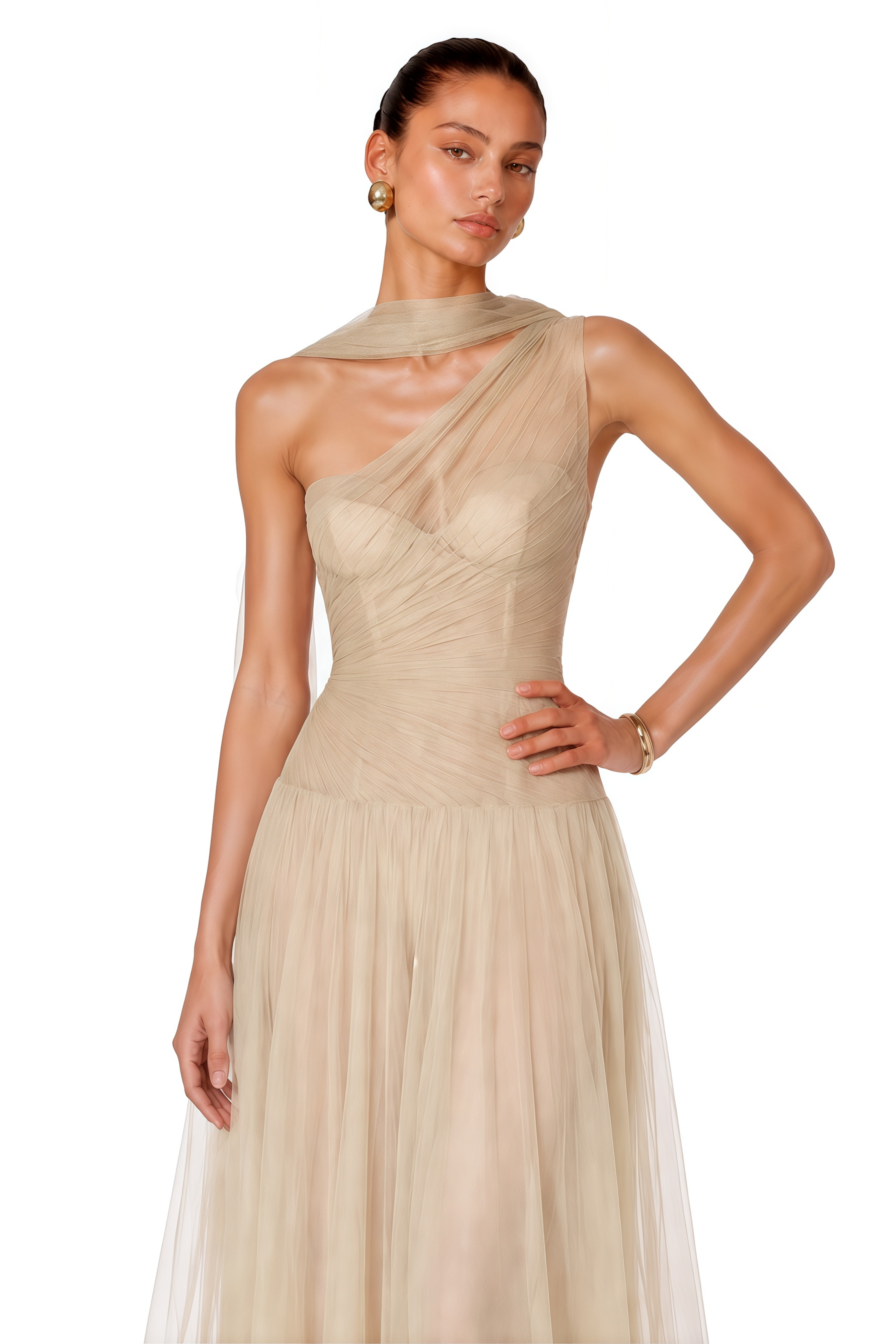 Mireille Champagne Halterneck Pleated Maxi Dress