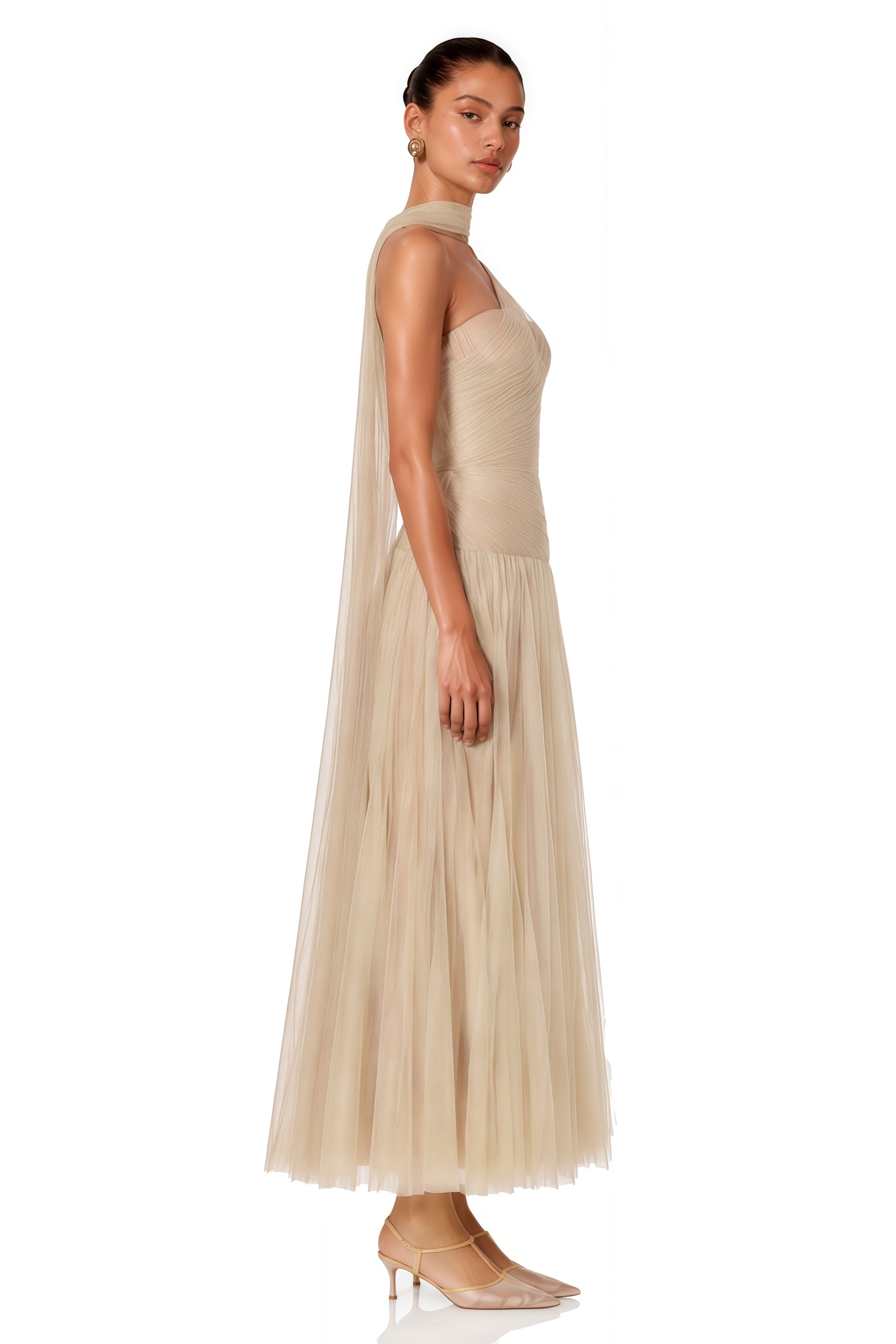 Mireille Champagne Halterneck Pleated Maxi Dress