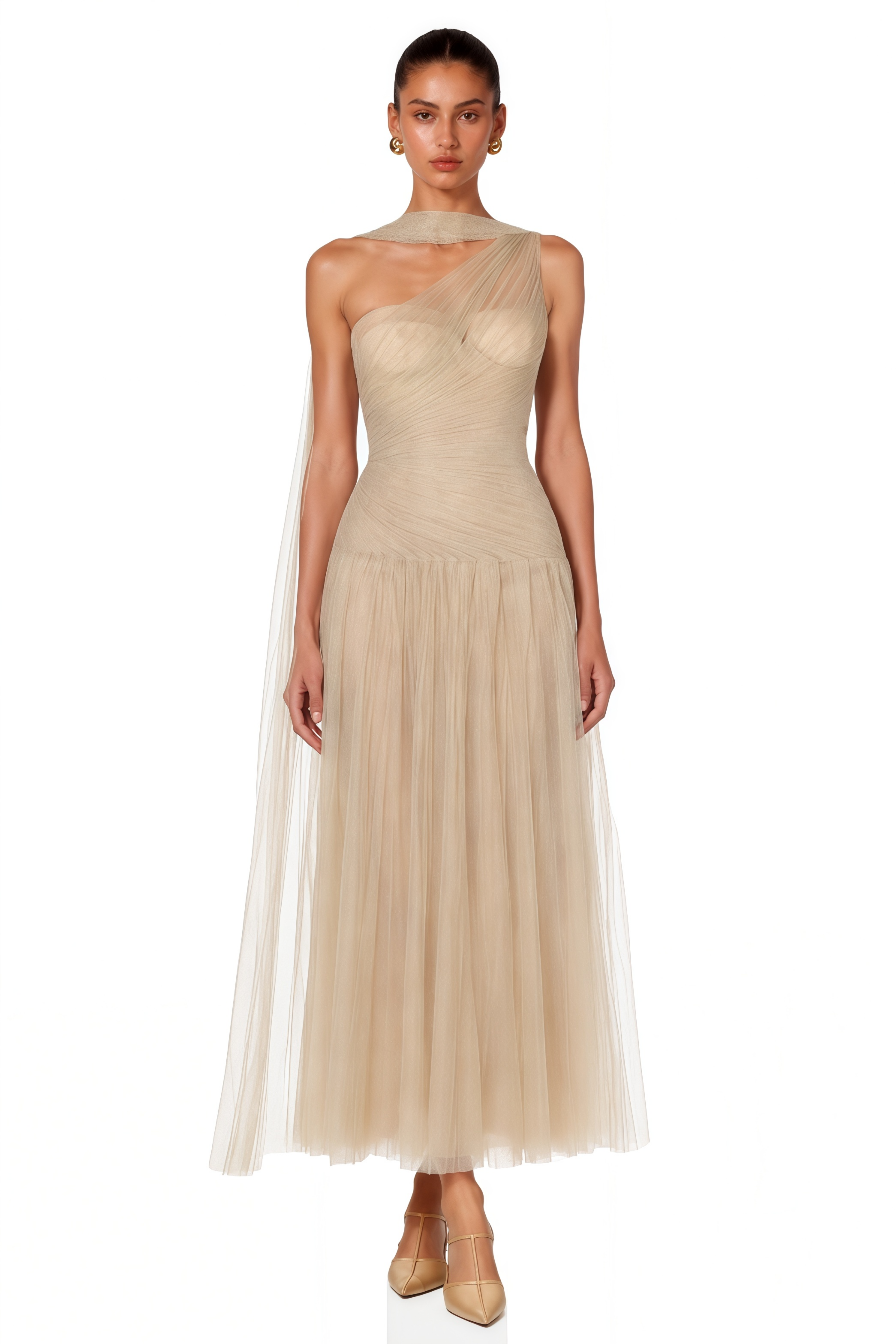 Mireille Champagne Halterneck Pleated Maxi Dress