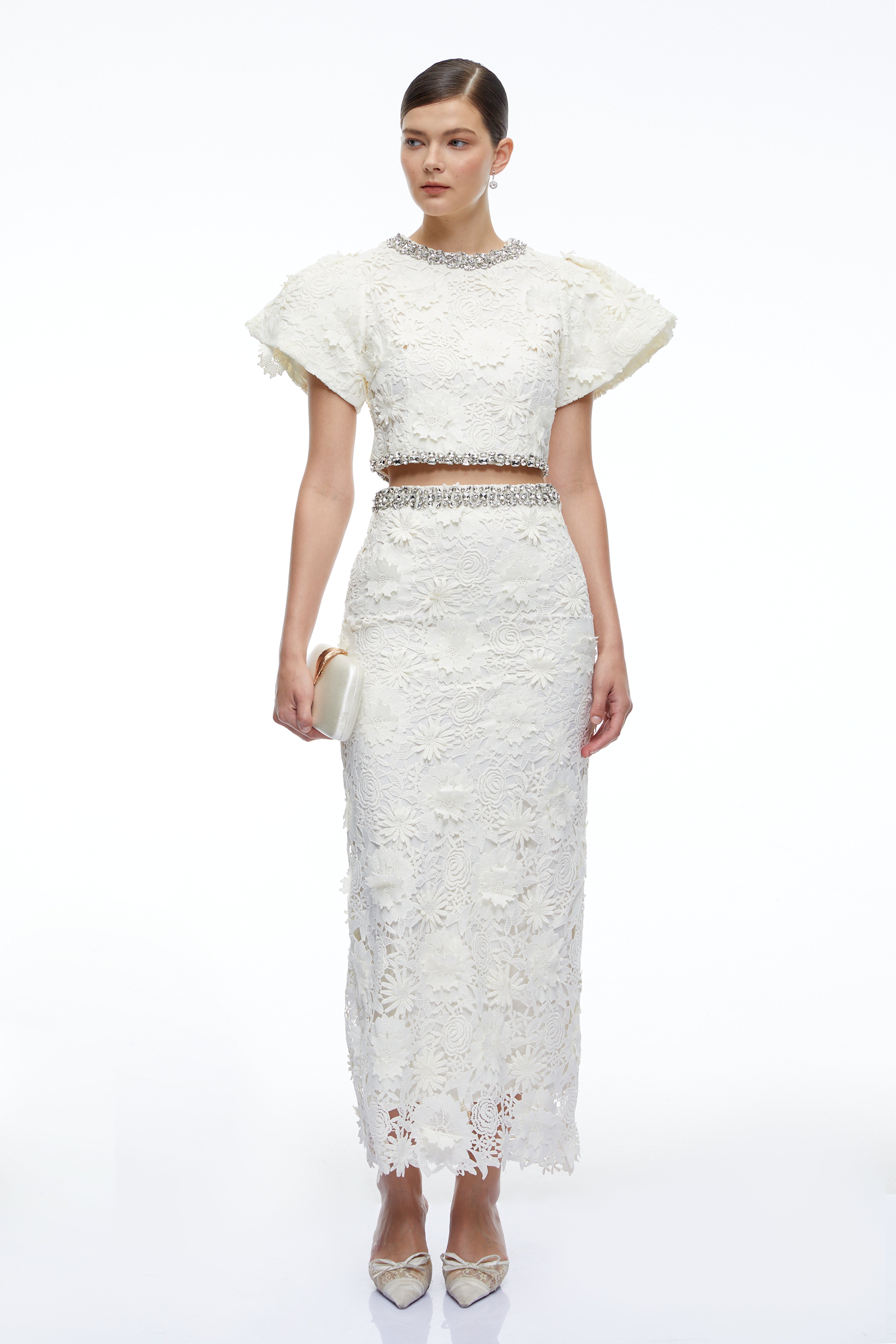 Mireille White Crystal Embellished Lace Top & Skirt Set