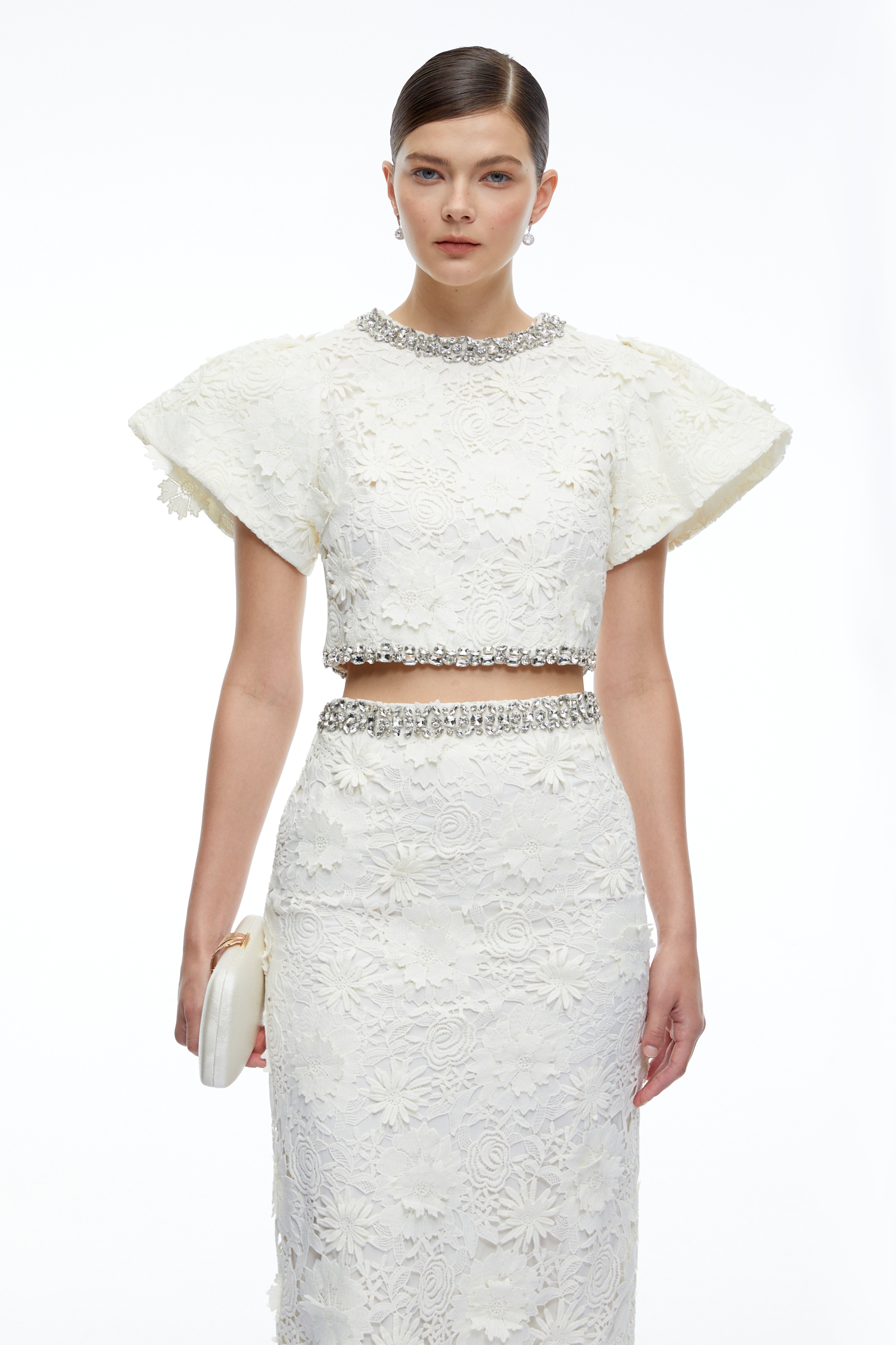 Mireille White Crystal Embellished Lace Top & Skirt Set