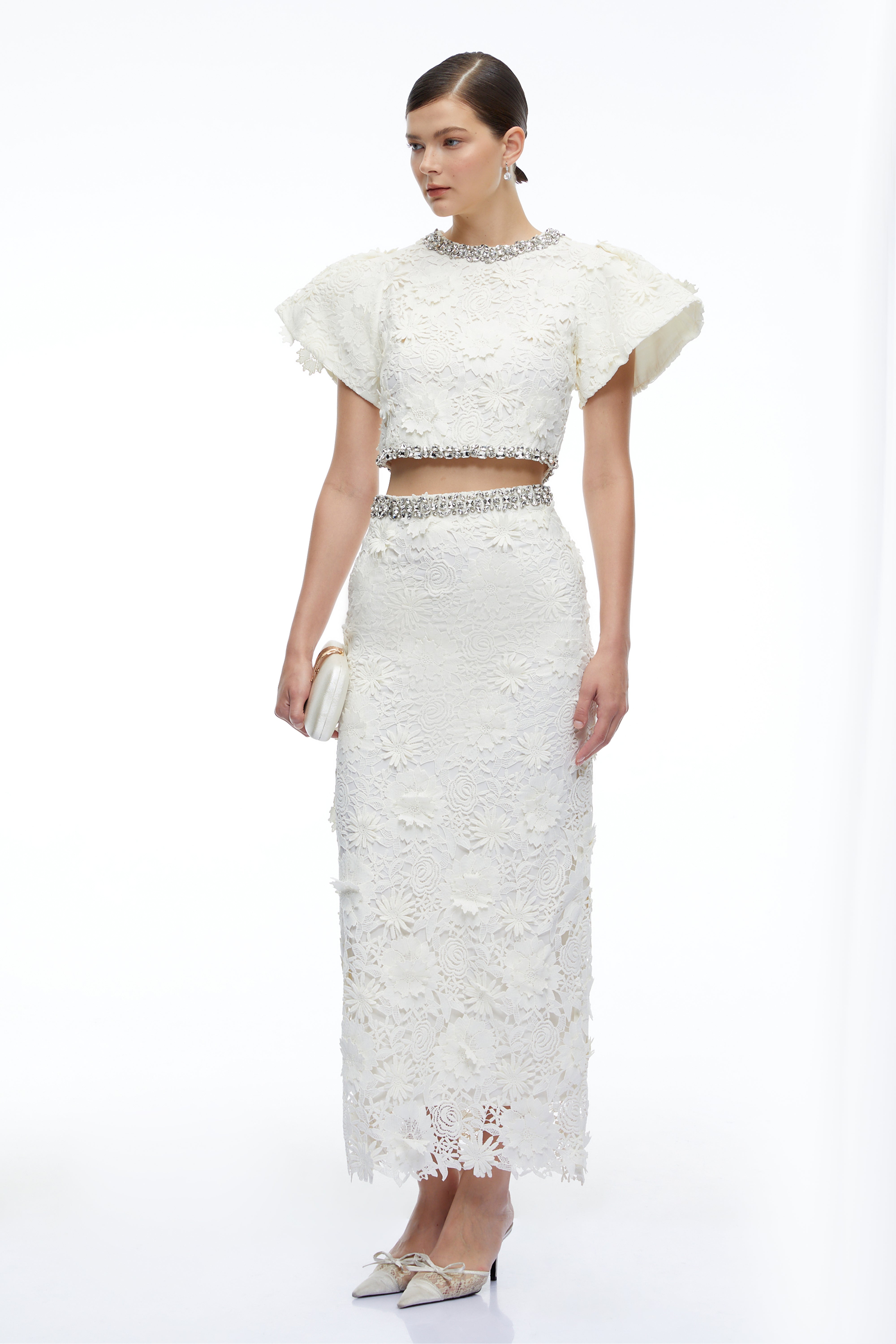 Mireille White Crystal Embellished Lace Top & Skirt Set