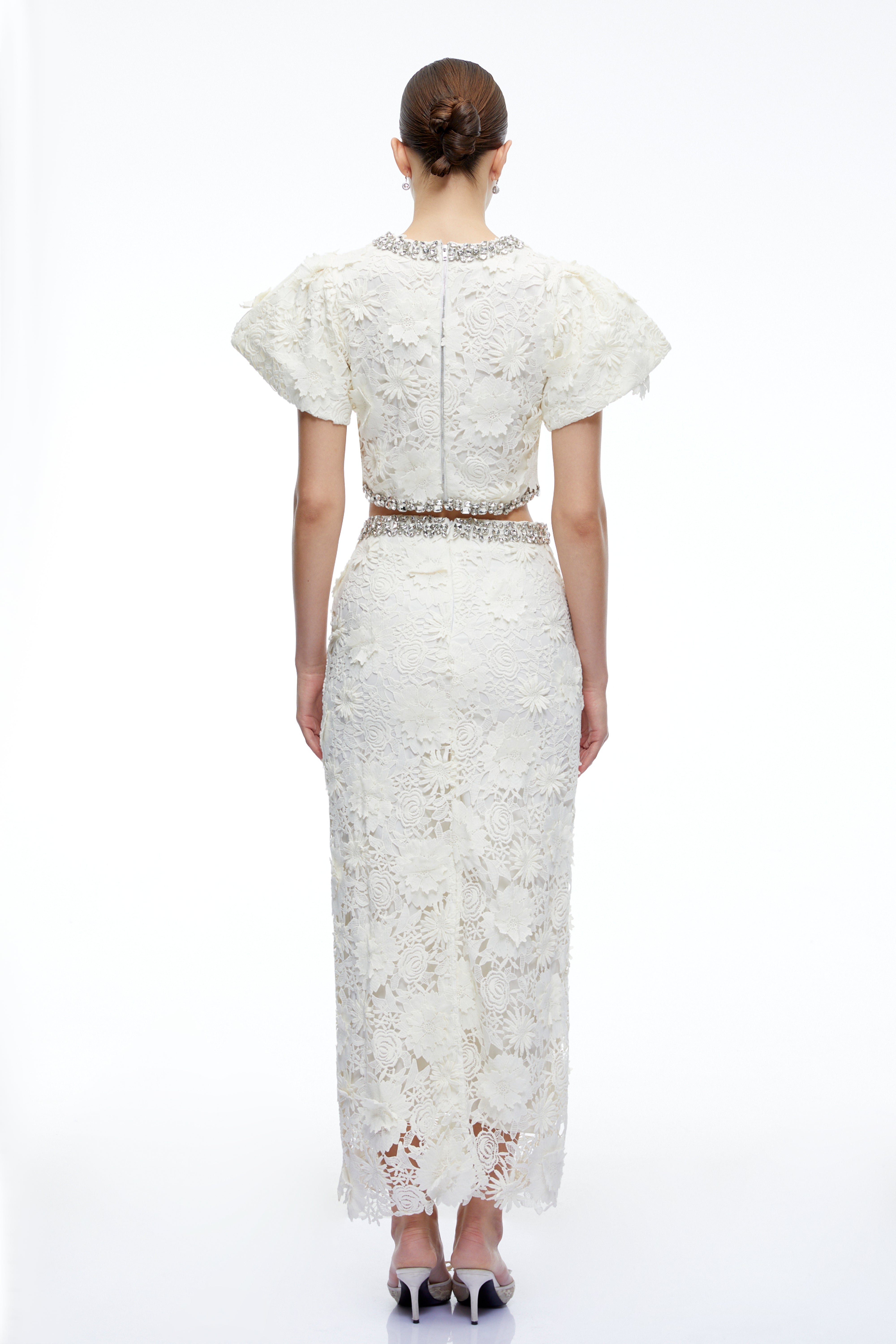 Mireille White Crystal Embellished Lace Top & Skirt Set
