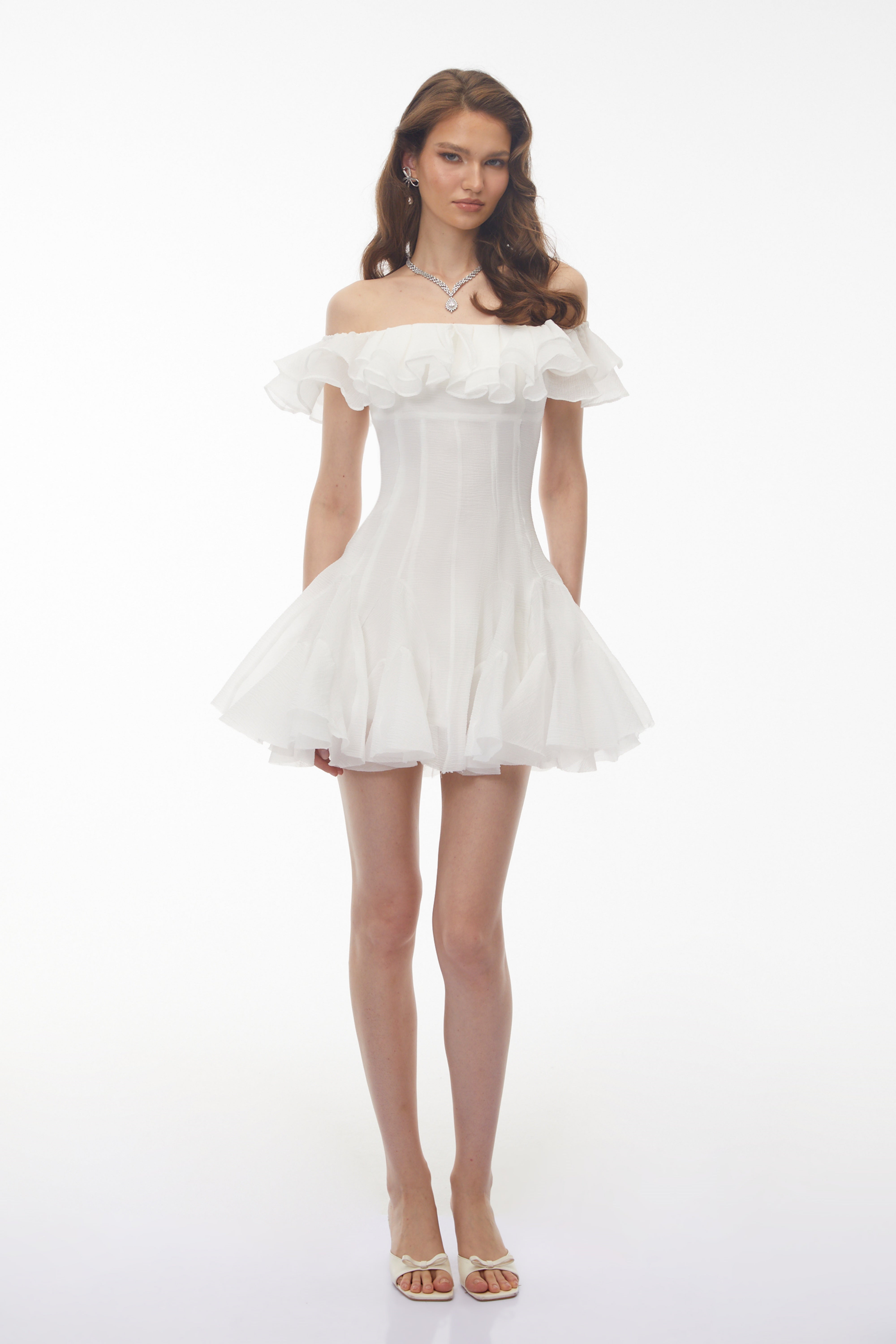 Muriel White Off Shoulder Ruched Mini Dress (Final Sale-US Only)