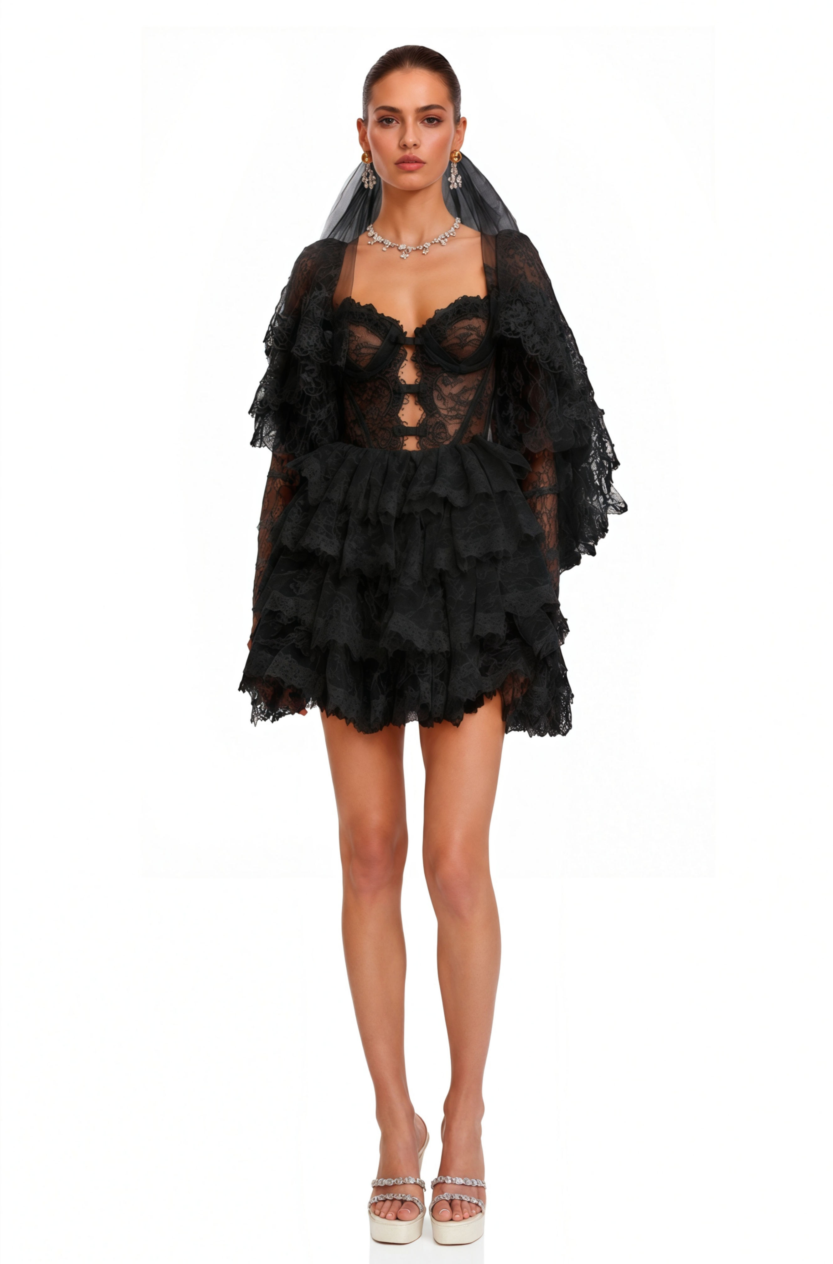 Nadine Black Semi-Sheer Mini Dress with Lace Trim