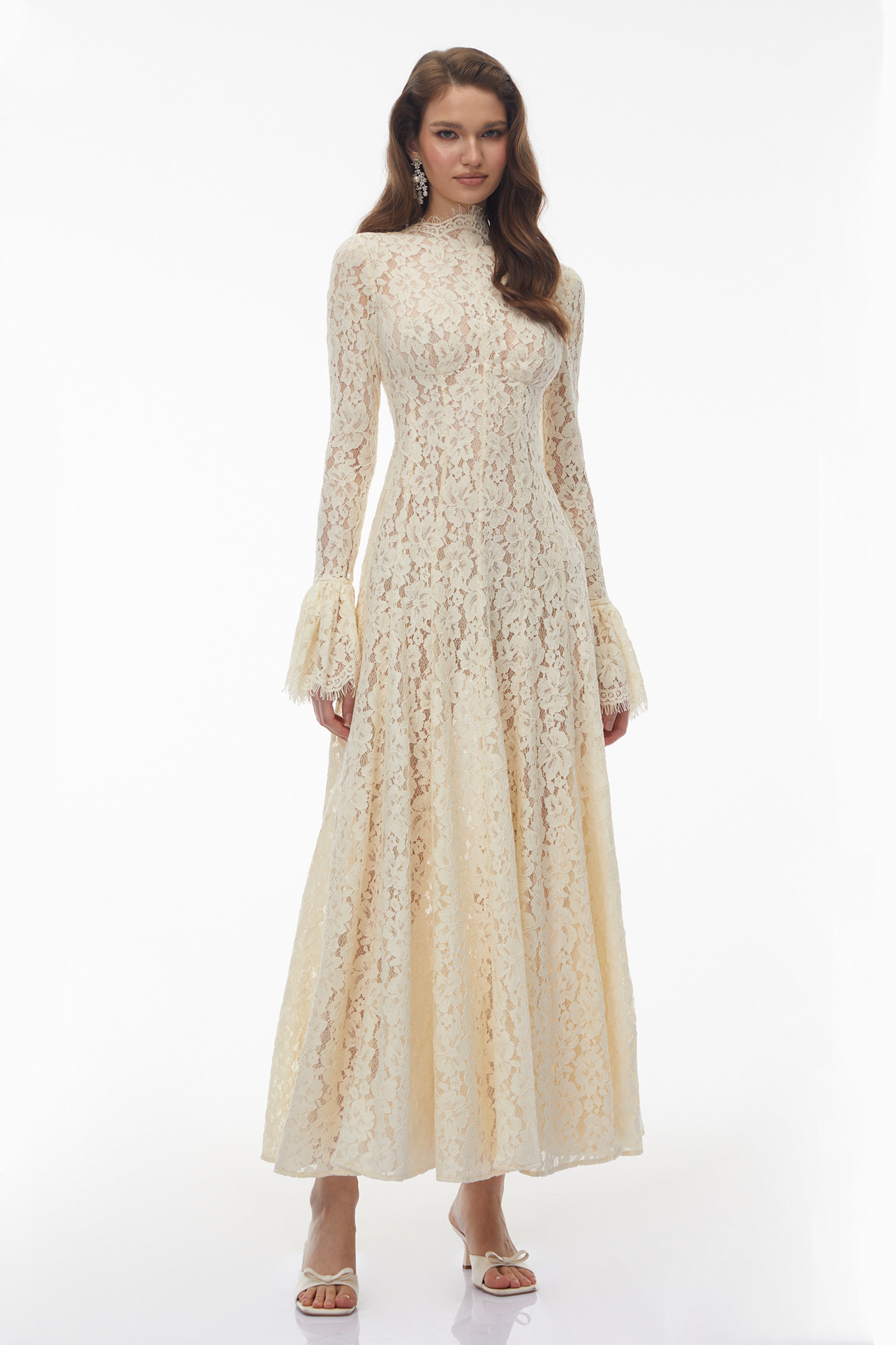 White Mock Neck Floral Lace Maxi Dress