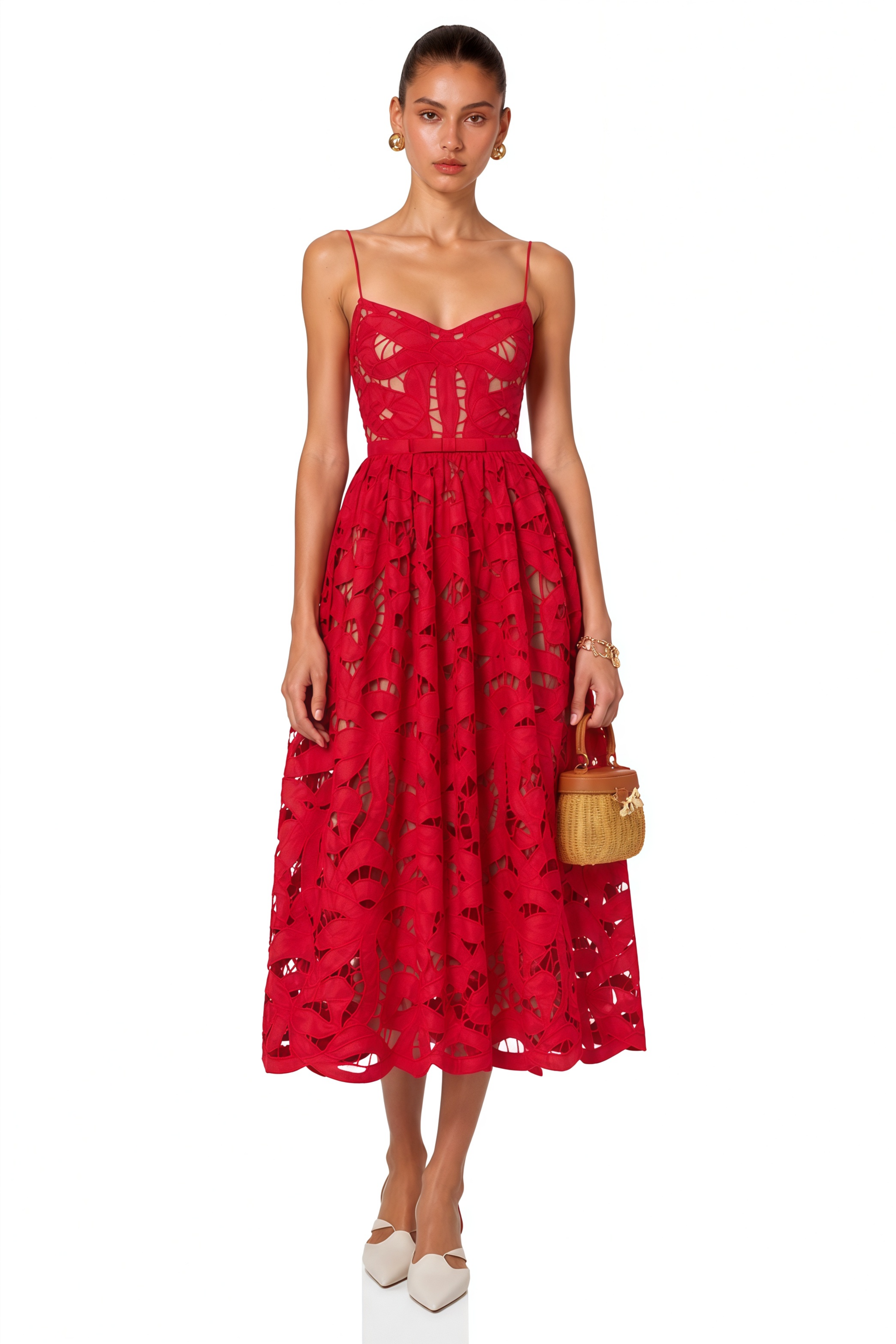 Nerea Red Cut-Out Lace Spaghetti Strap Midi Dress