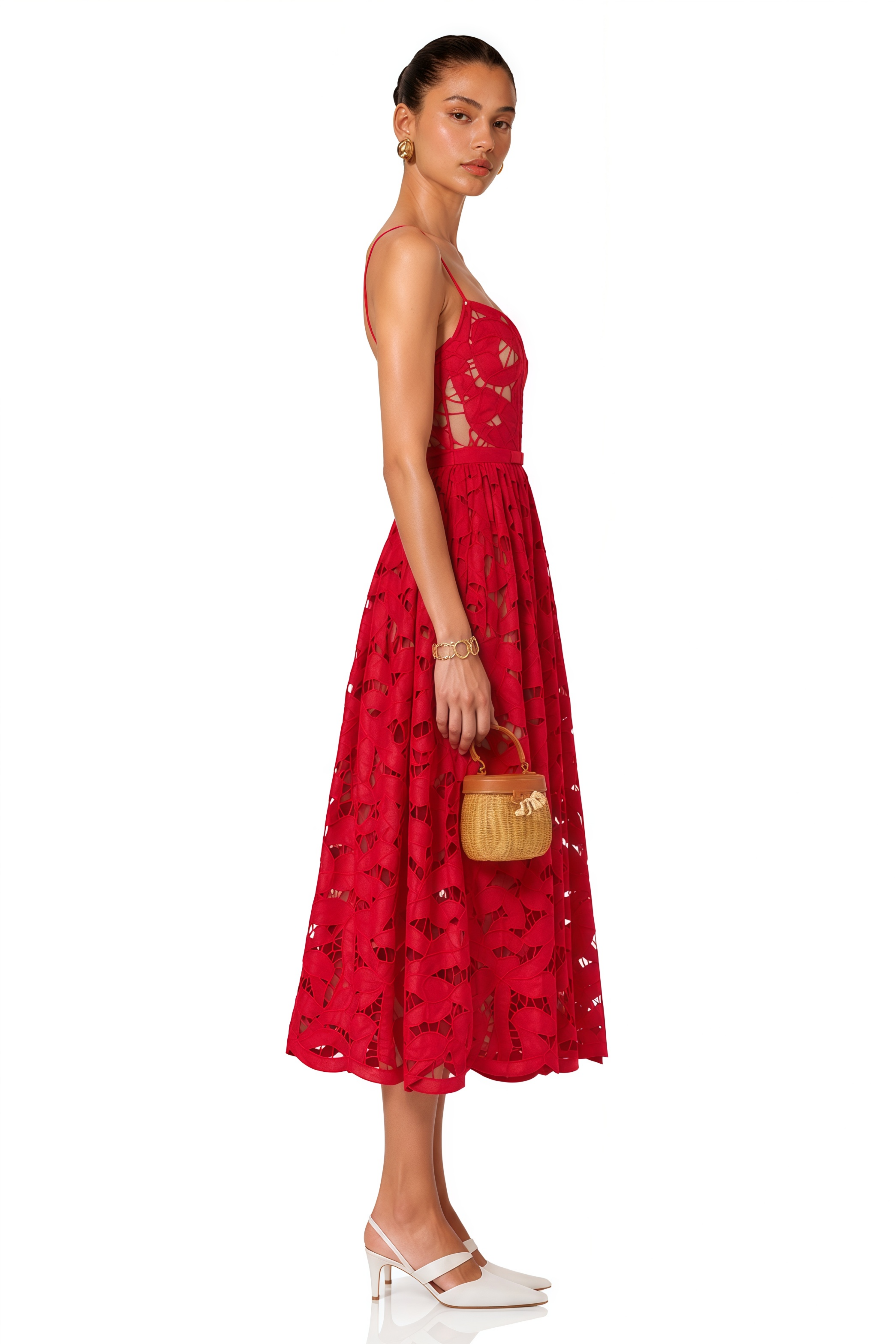 Nerea Red Cut-Out Lace Spaghetti Strap Midi Dress