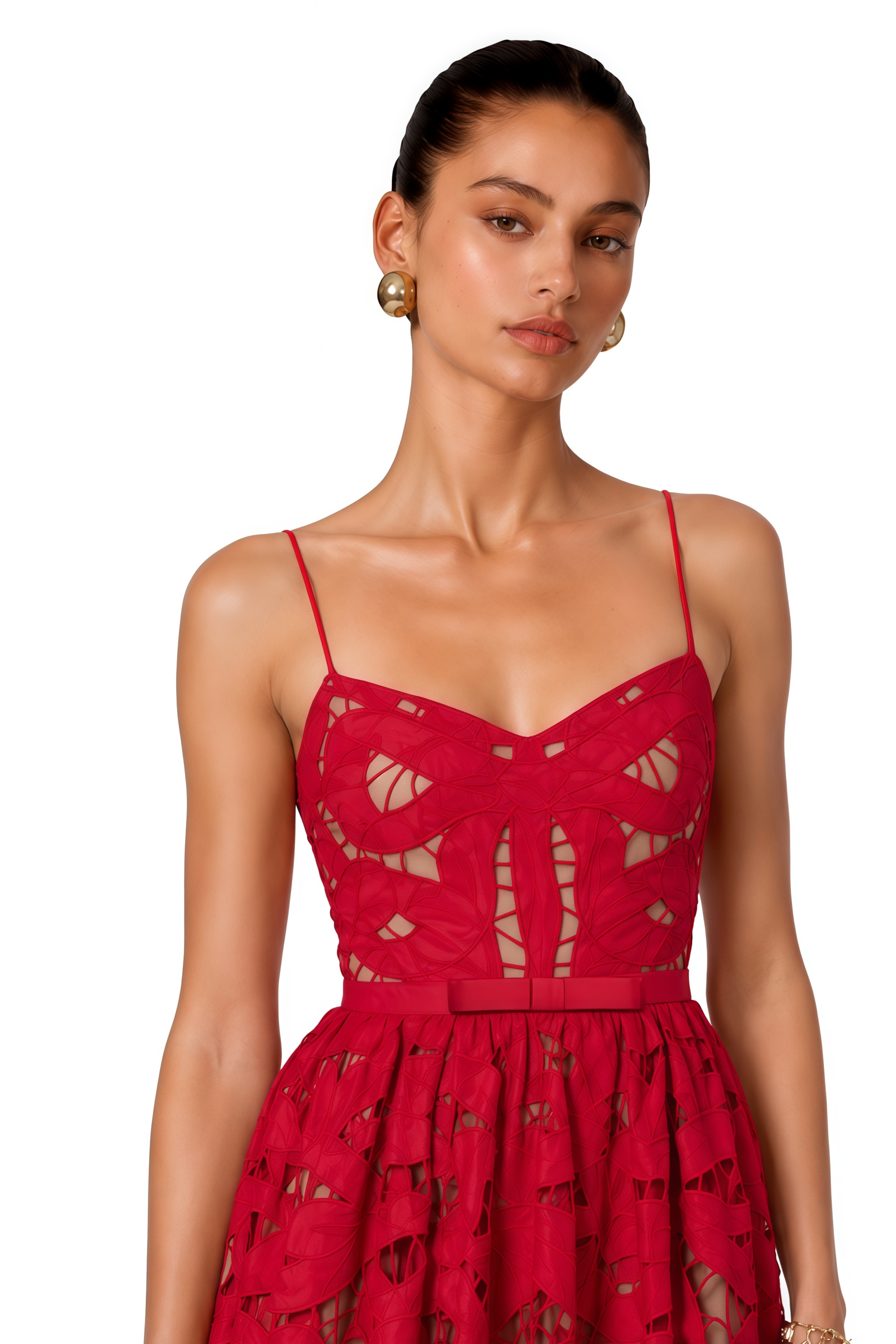 Nerea Red Cut-Out Lace Spaghetti Strap Midi Dress
