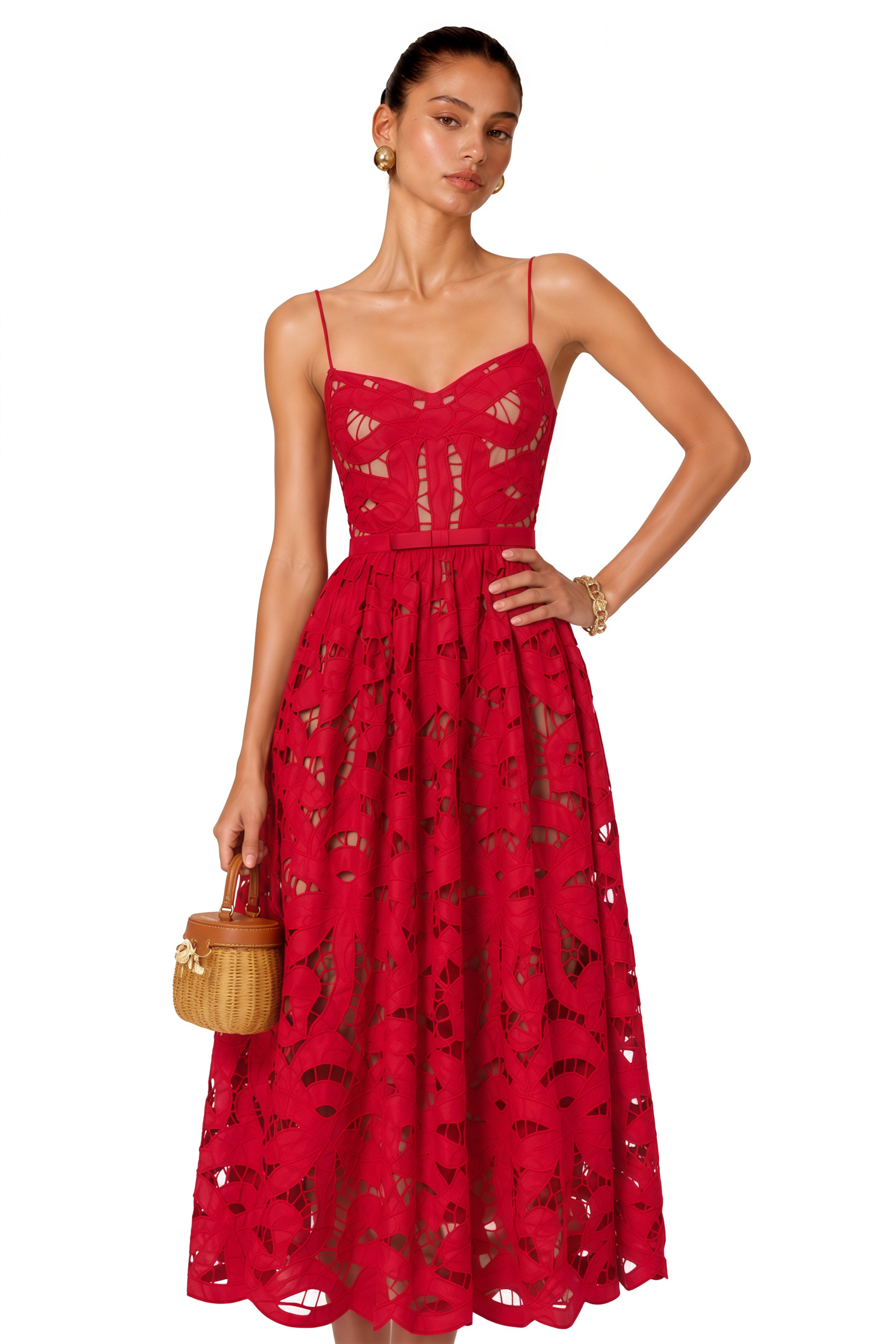 Nerea Red Cut-Out Lace Spaghetti Strap Midi Dress