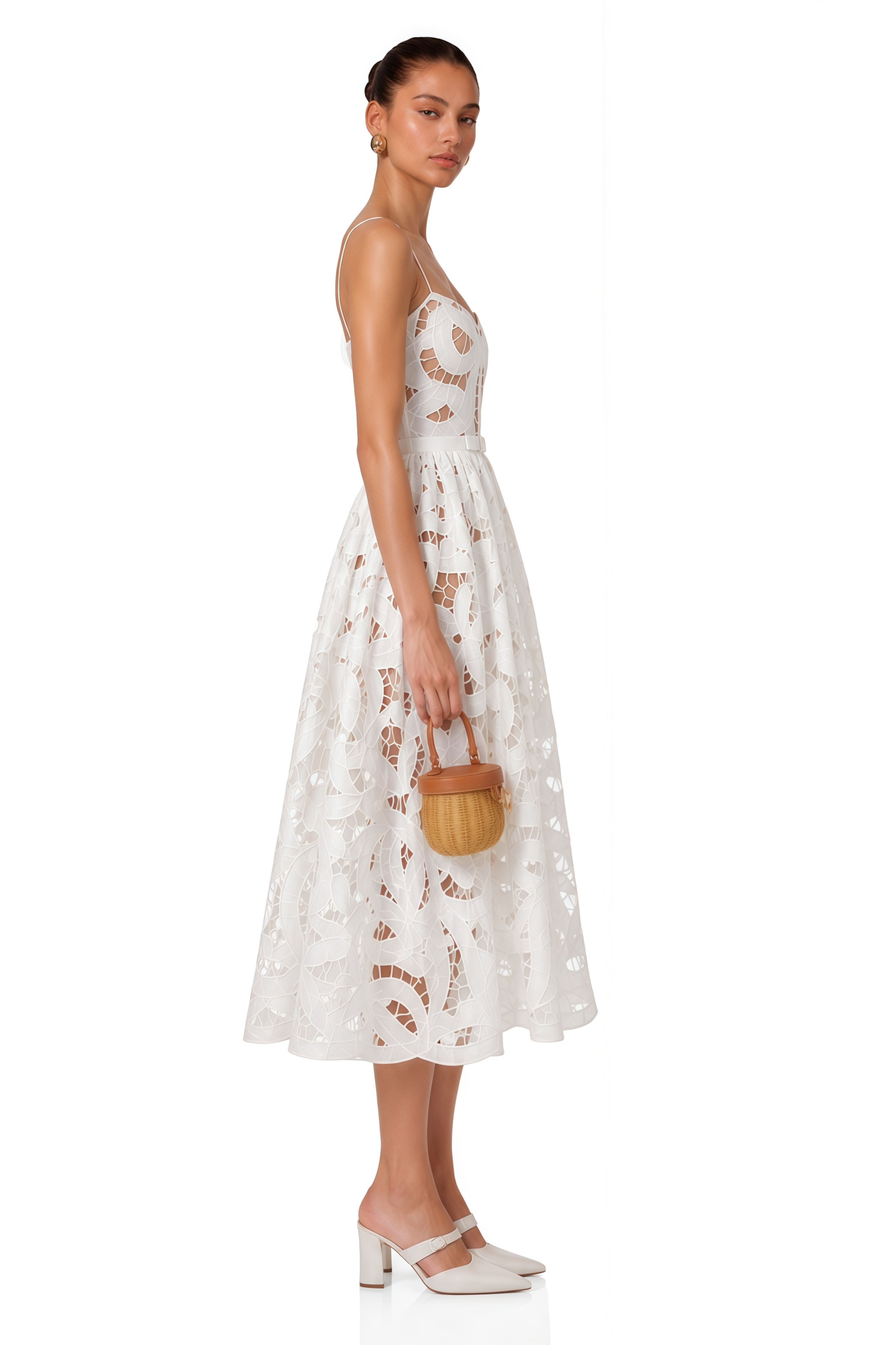Nerea White Cut-Out Lace Spaghetti Strap Midi Dress