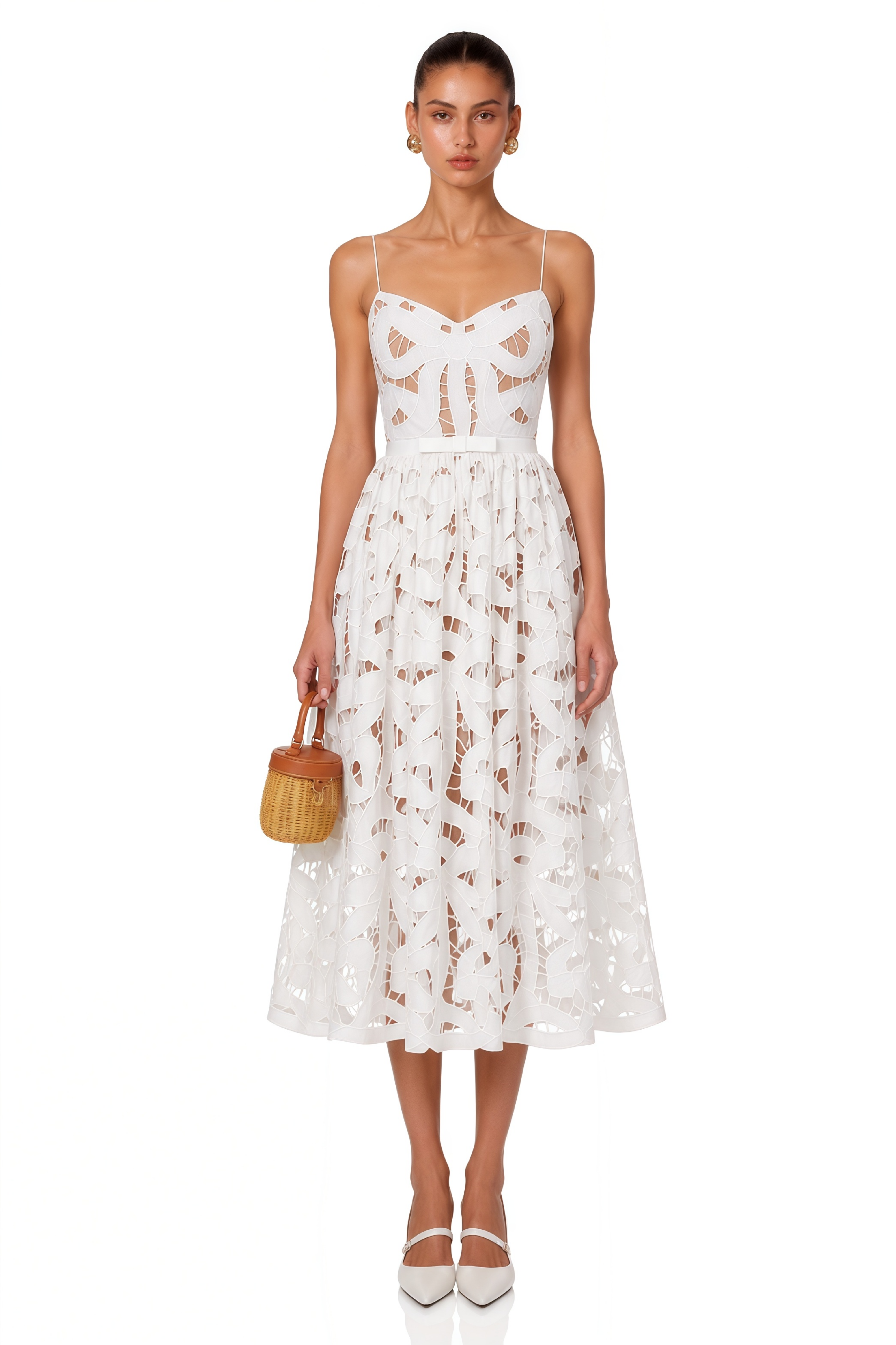 Nerea White Cut-Out Lace Spaghetti Strap Midi Dress