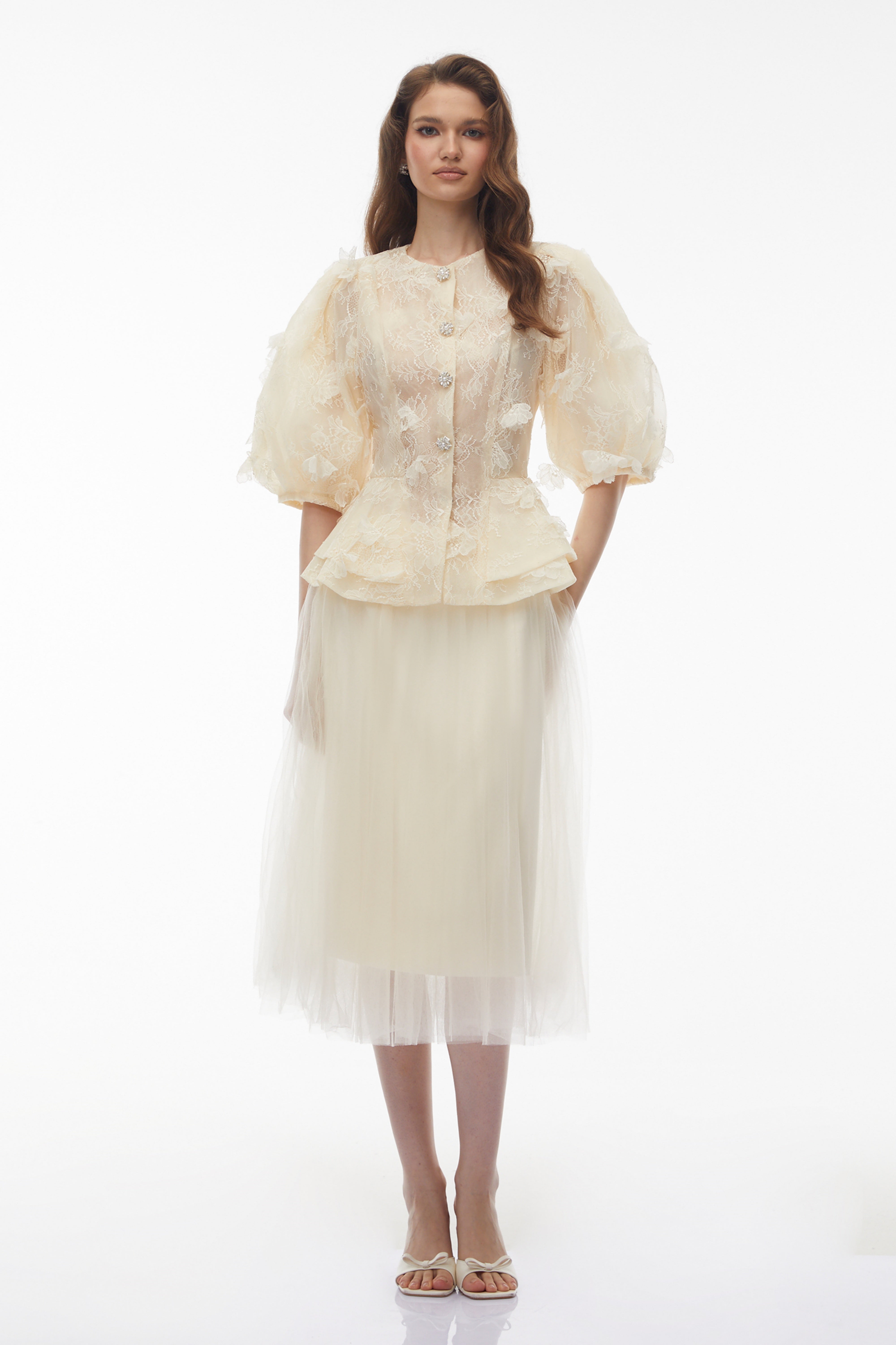 Neta Neutral Lace Blouse with 3D Petals (Final Sale-US Only)