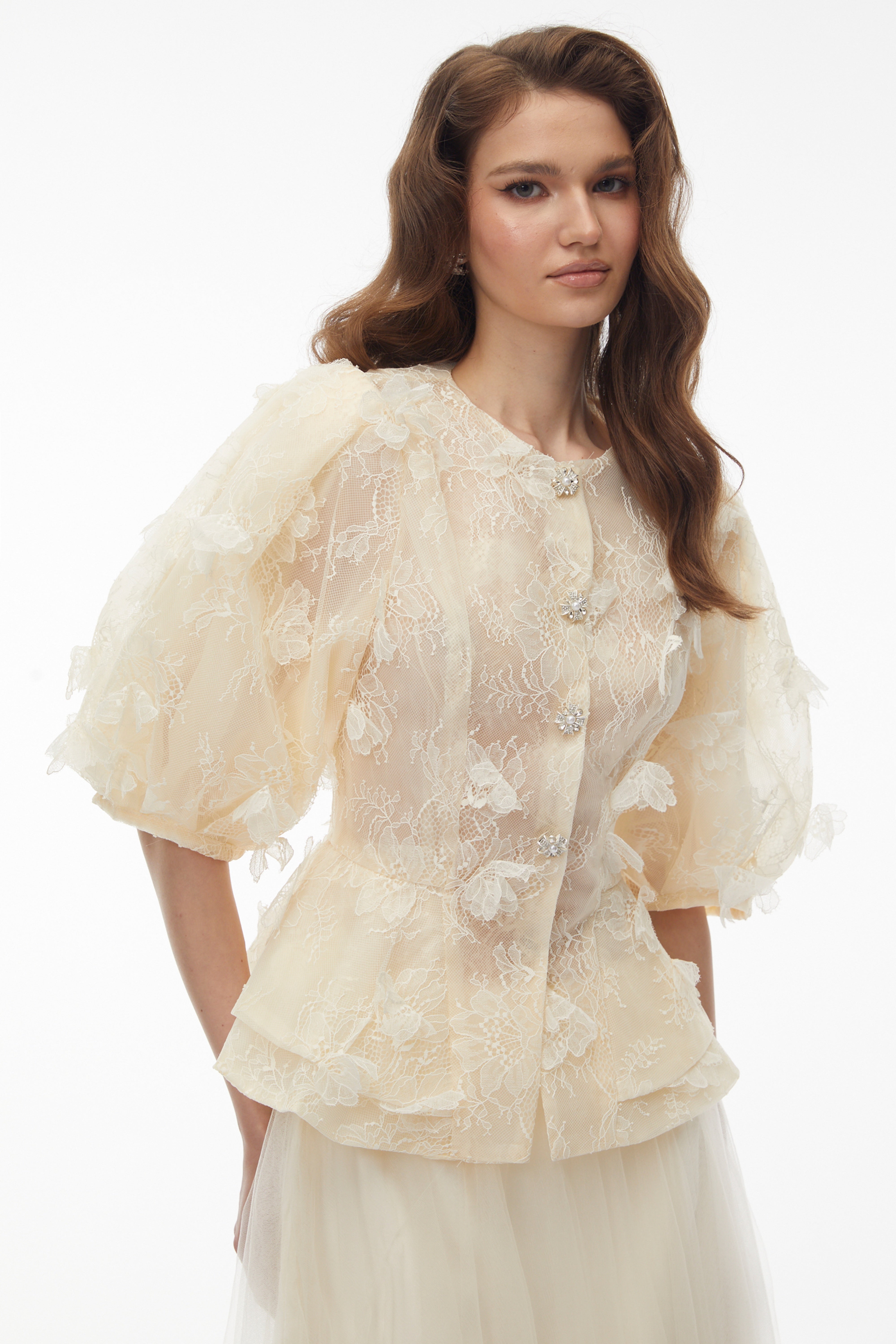 Neta Neutral Lace Blouse with 3D Petals (Final Sale-US Only)