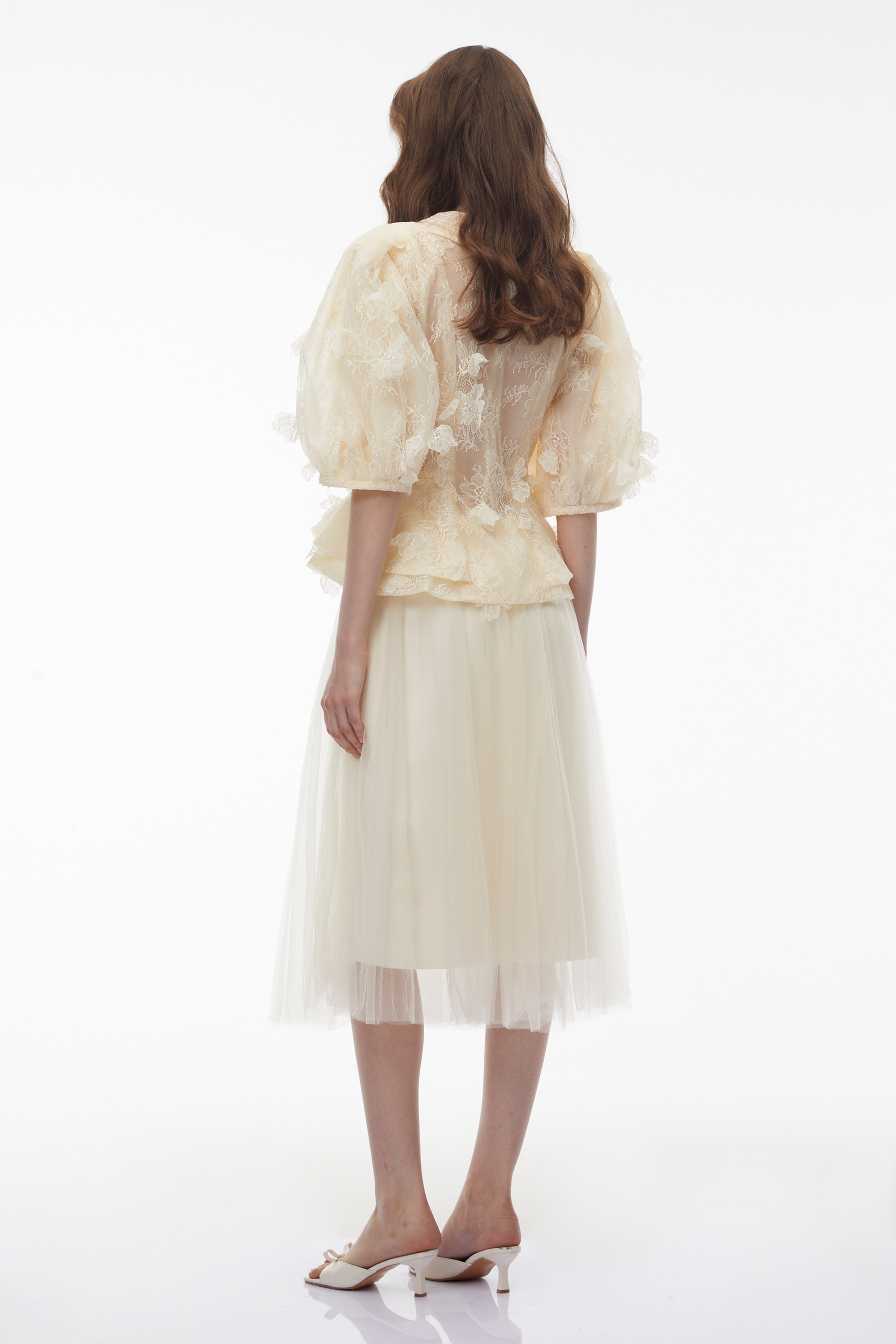 Neta Neutral Lace Blouse with 3D Petals (Final Sale-US Only)