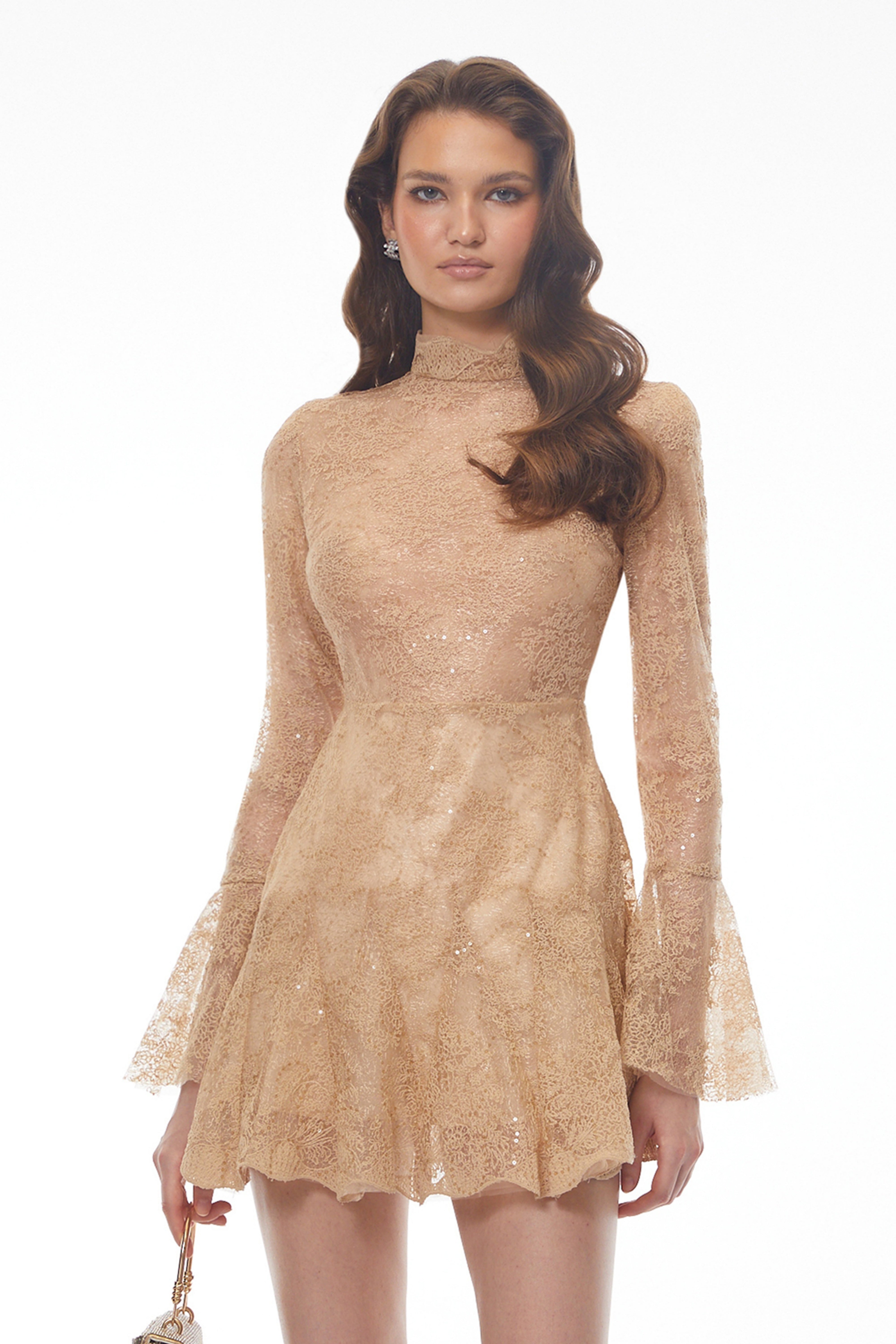 Nina Neutral Mini Dress with Lace Panels