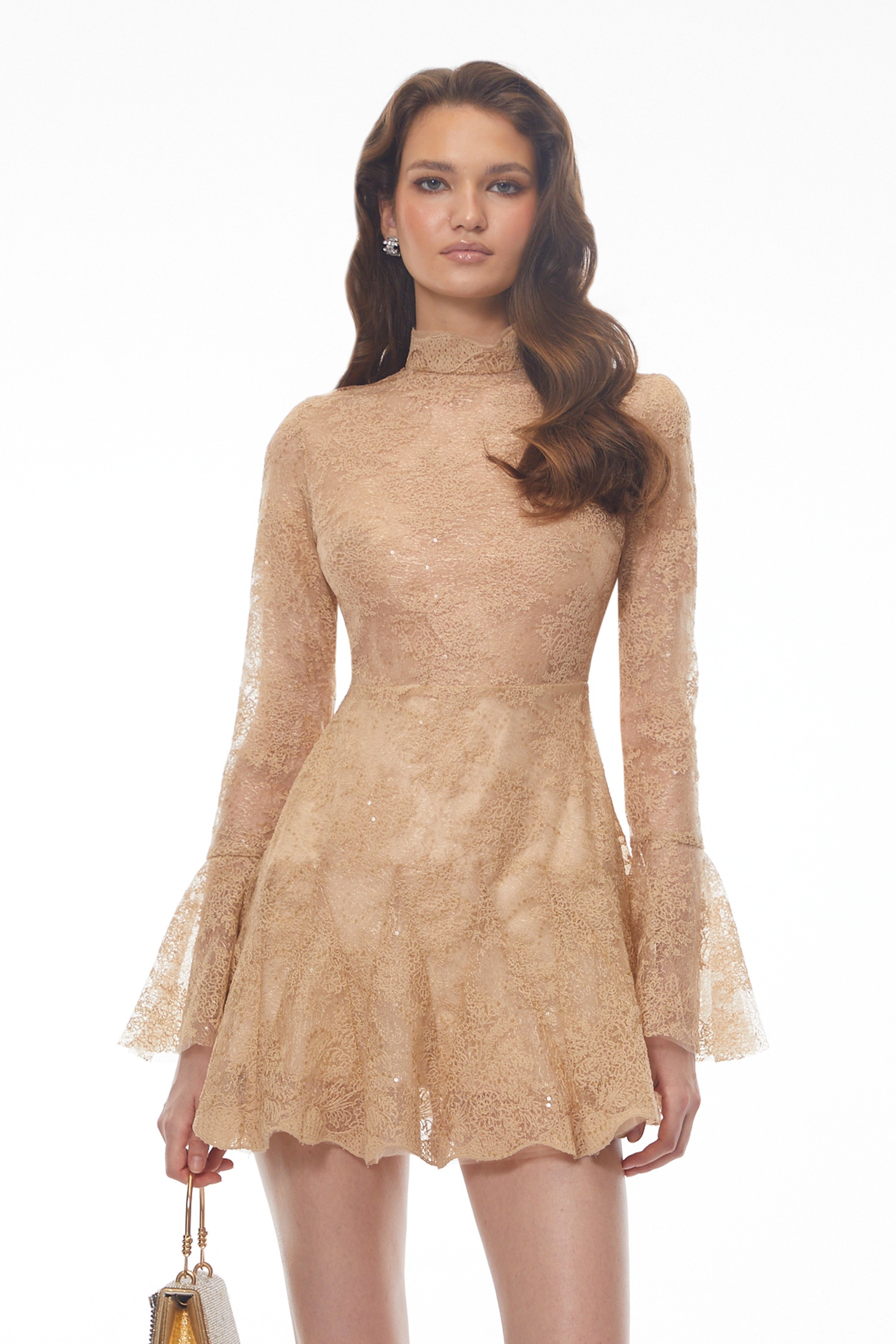 Nina Neutral Mini Dress with Lace Panels
