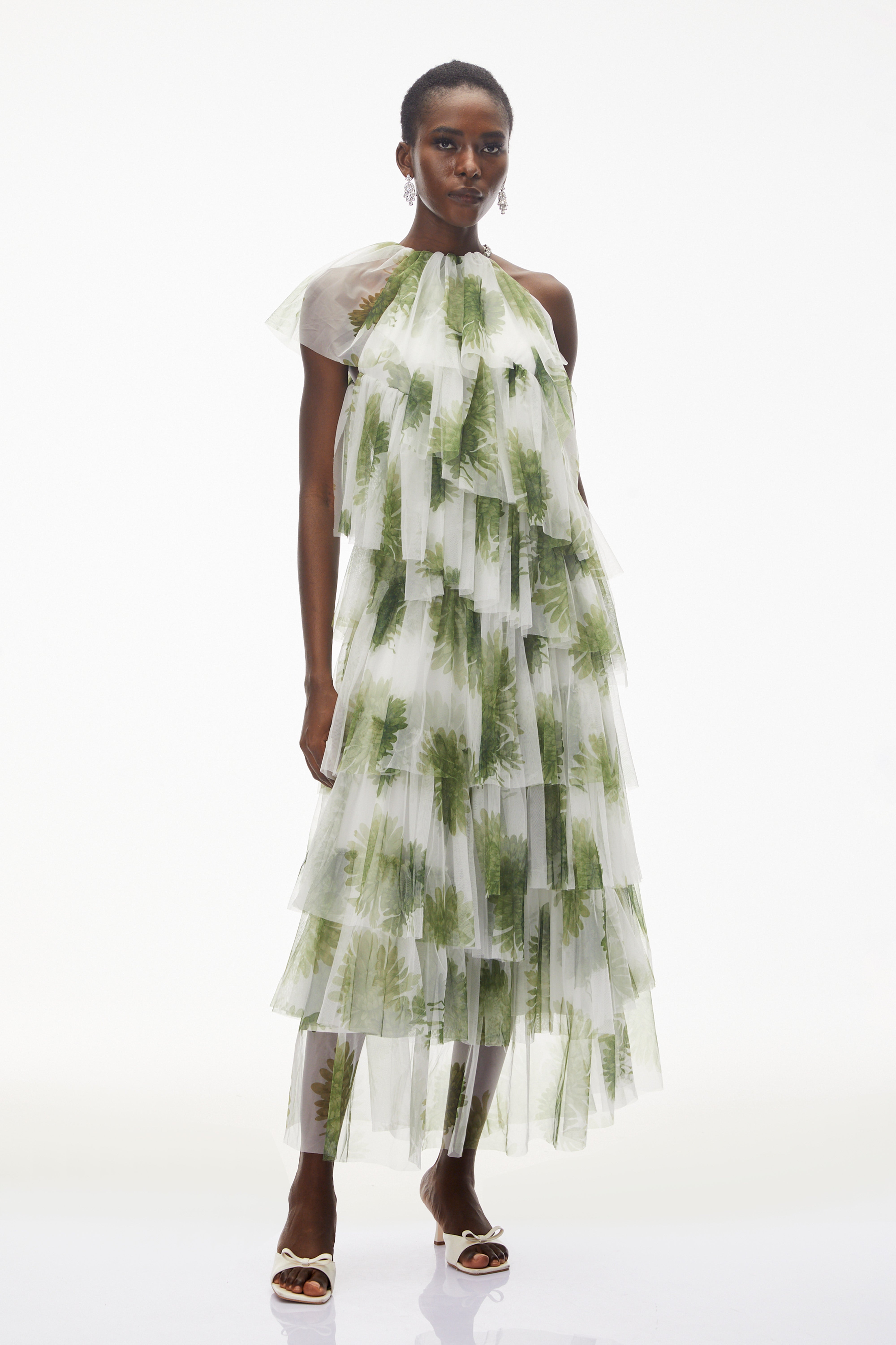 Nitzan Green Printed Tiered Maxi Dress with Sheer Overlay (Final Sale)