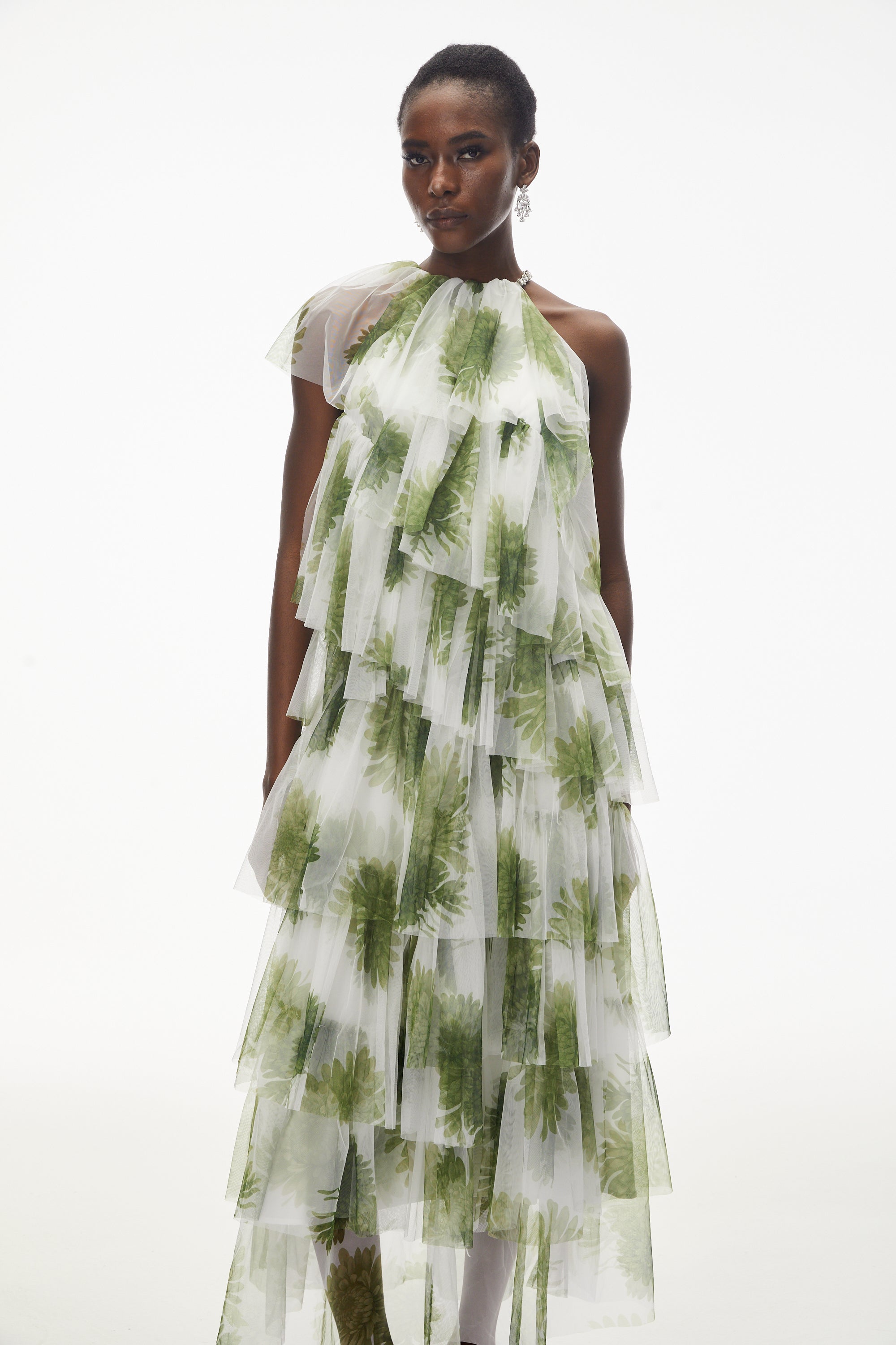Nitzan Green Printed Tiered Maxi Dress with Sheer Overlay (Final Sale)