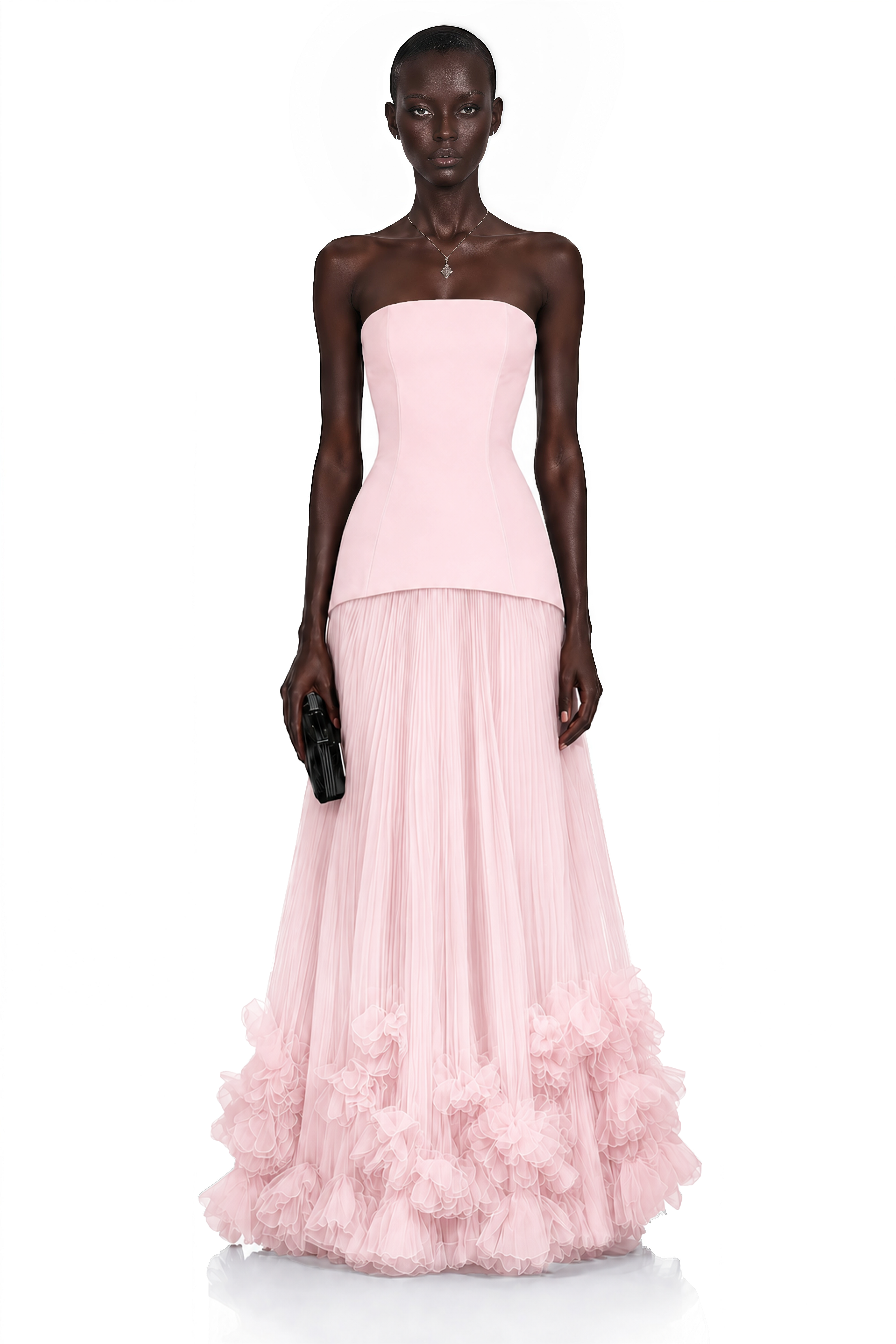Robe longue plissée à épaules dénudées « Océane Pink » avec motifs floraux en 3D