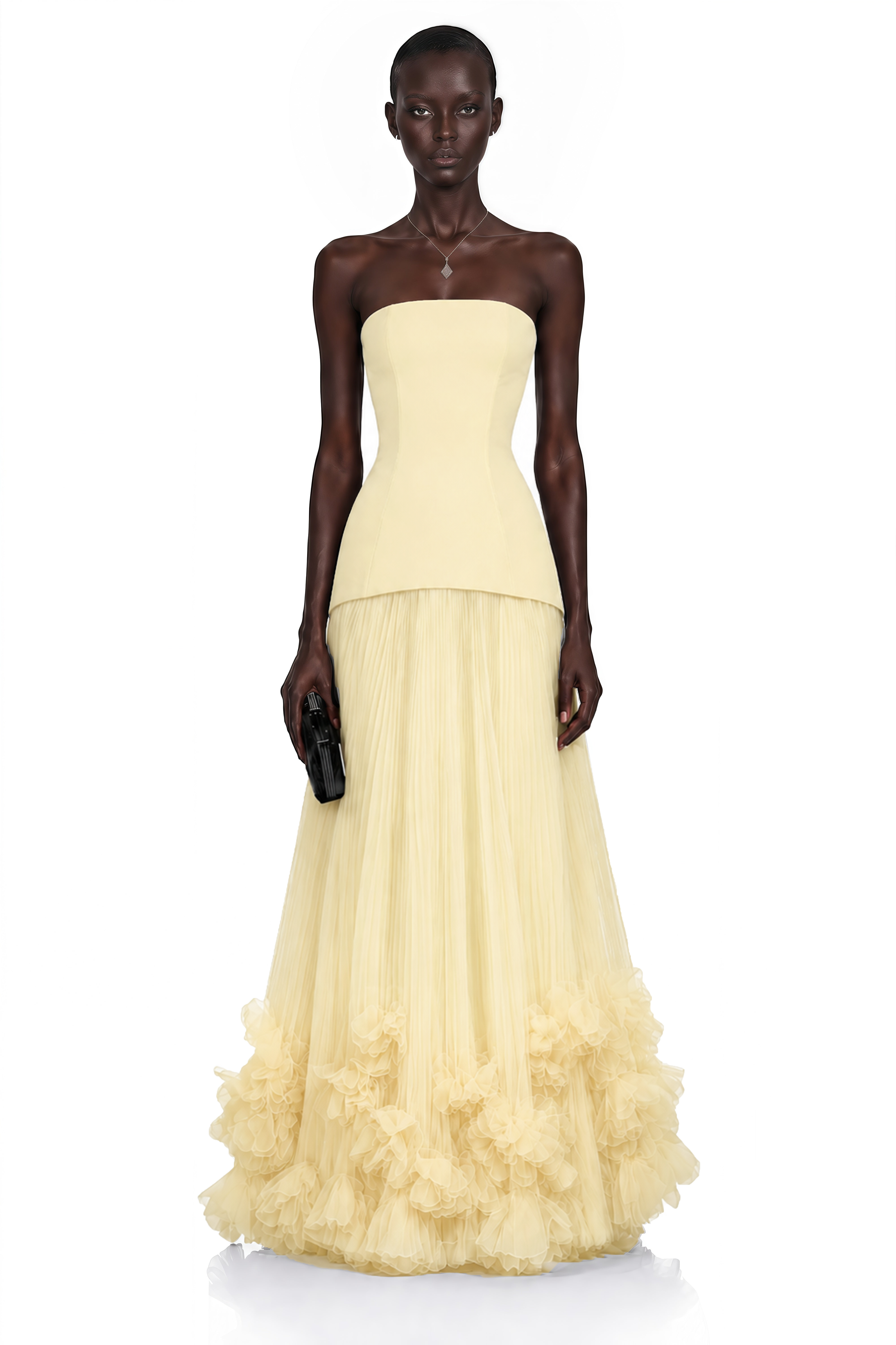 Robe longue plissée à épaules dénudées « Océane Yellow » avec motifs floraux en 3D