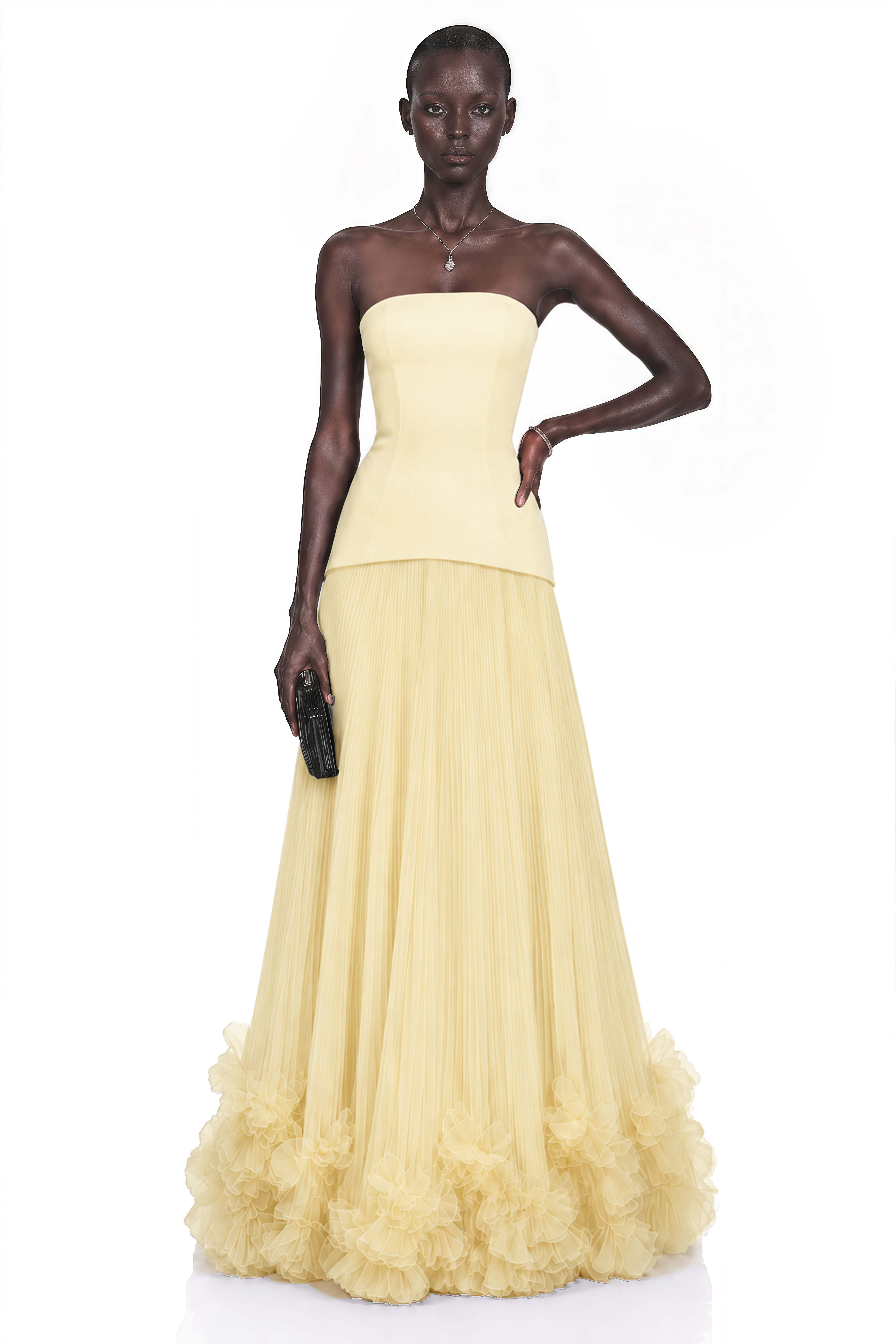 Robe longue plissée à épaules dénudées « Océane Yellow » avec motifs floraux en 3D
