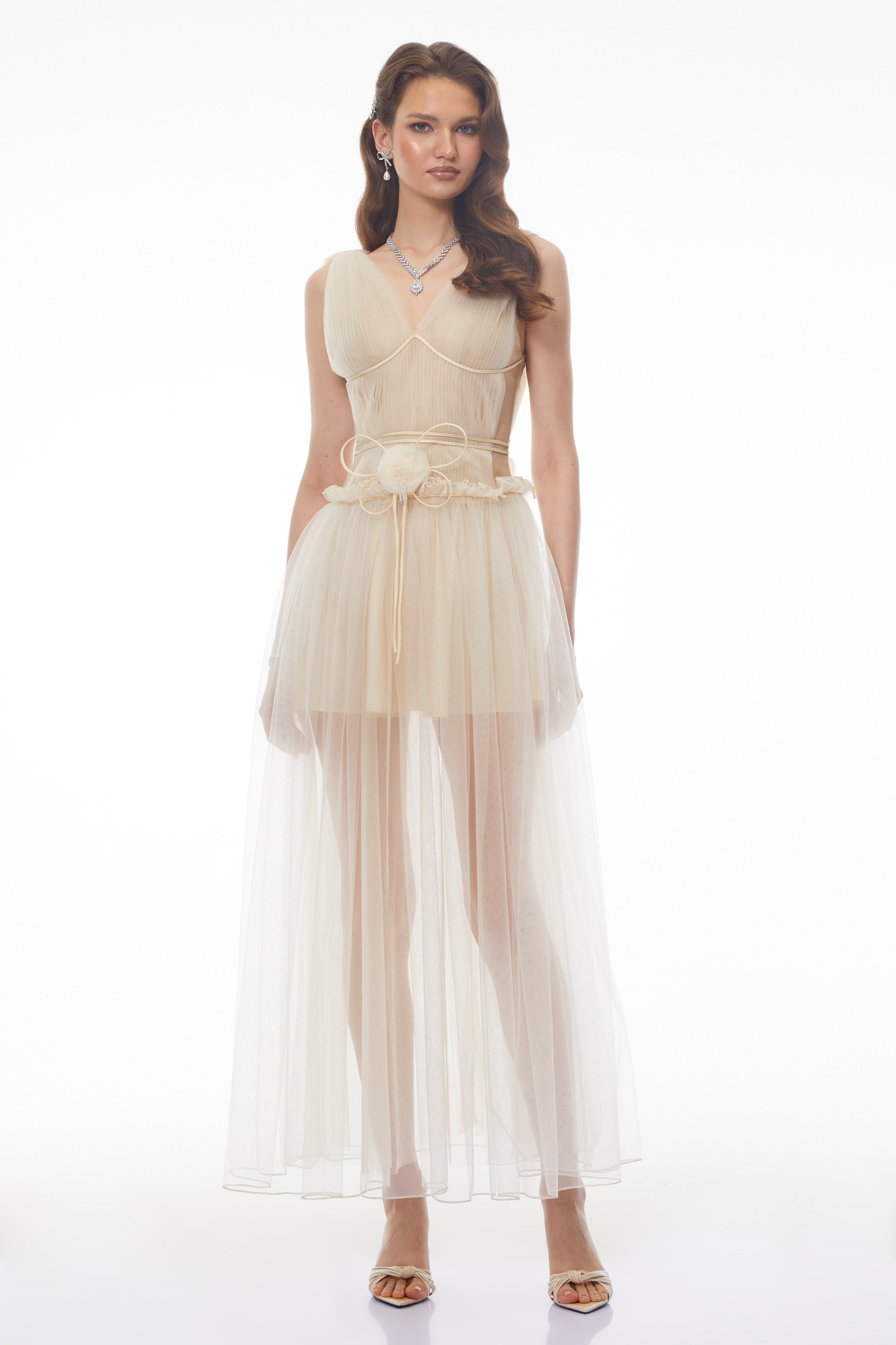 Octavia Beige V-neck Semi-sheer Ruched Maxi Dress