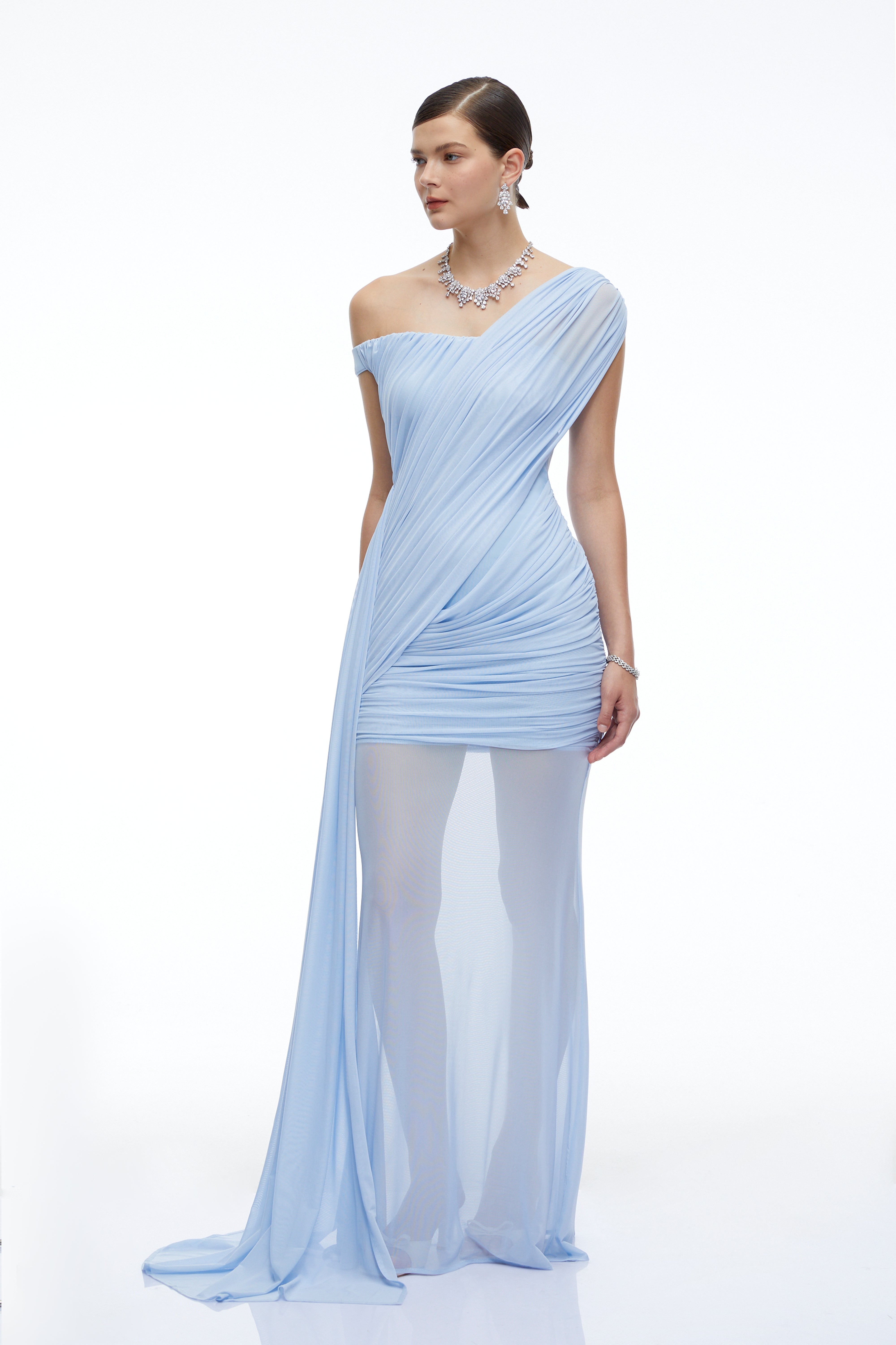Odette Blue One Shoulder Ruched Maxi Dress