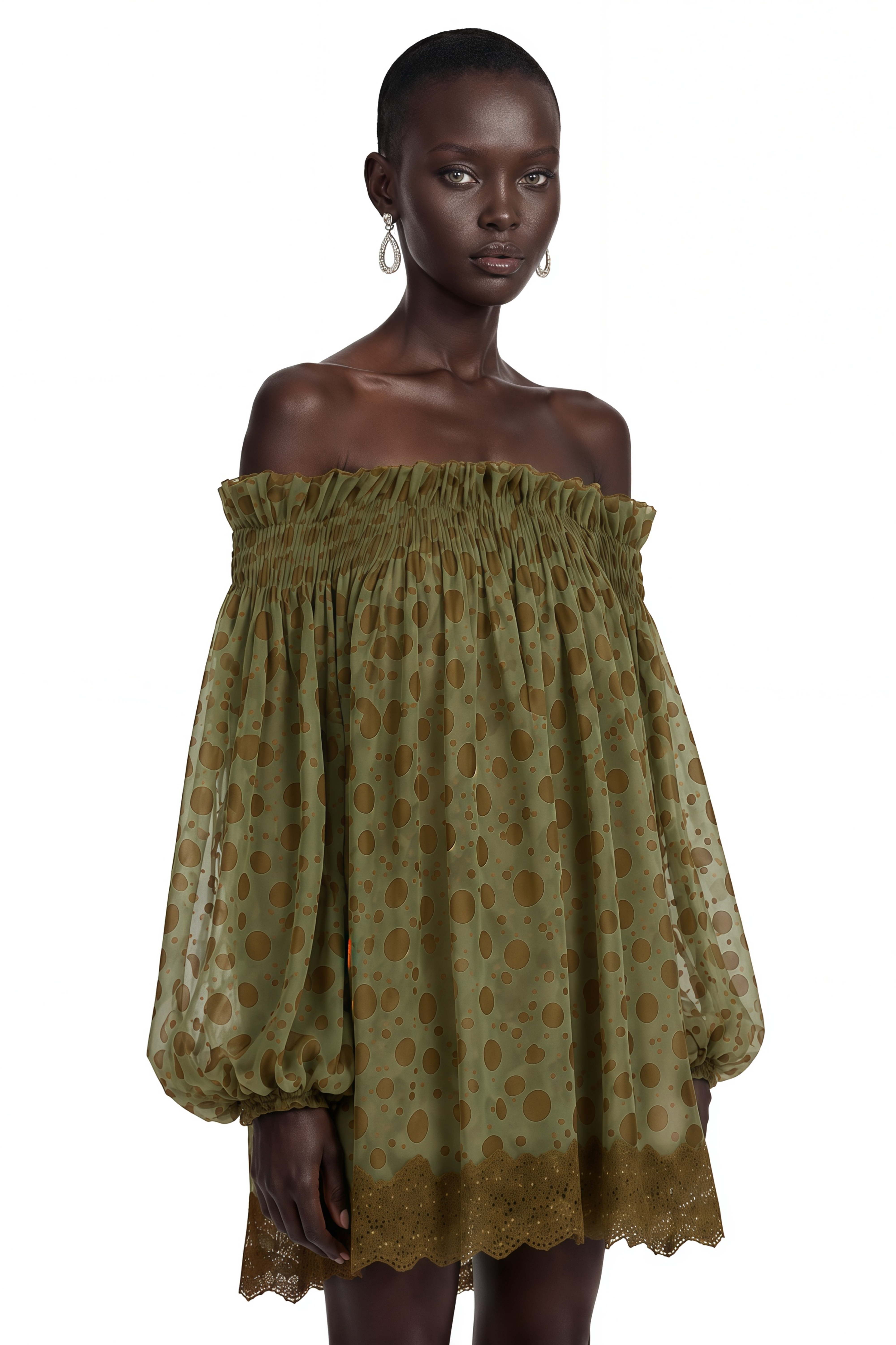 Odile Olive Green Off Shoulder Polka Dot Mini Dress