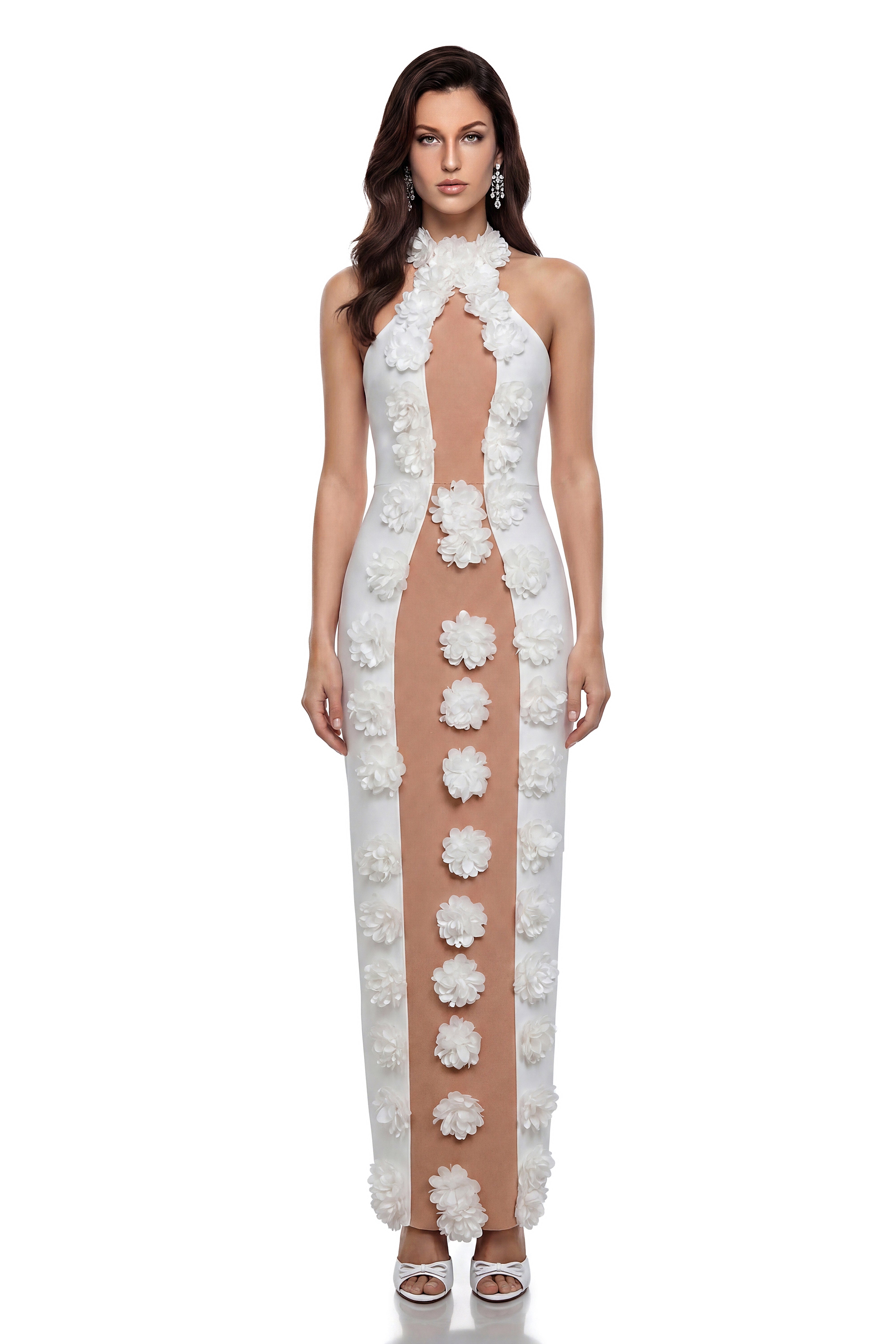 Olesia White Bandage Maxi Dress with 3D Petals