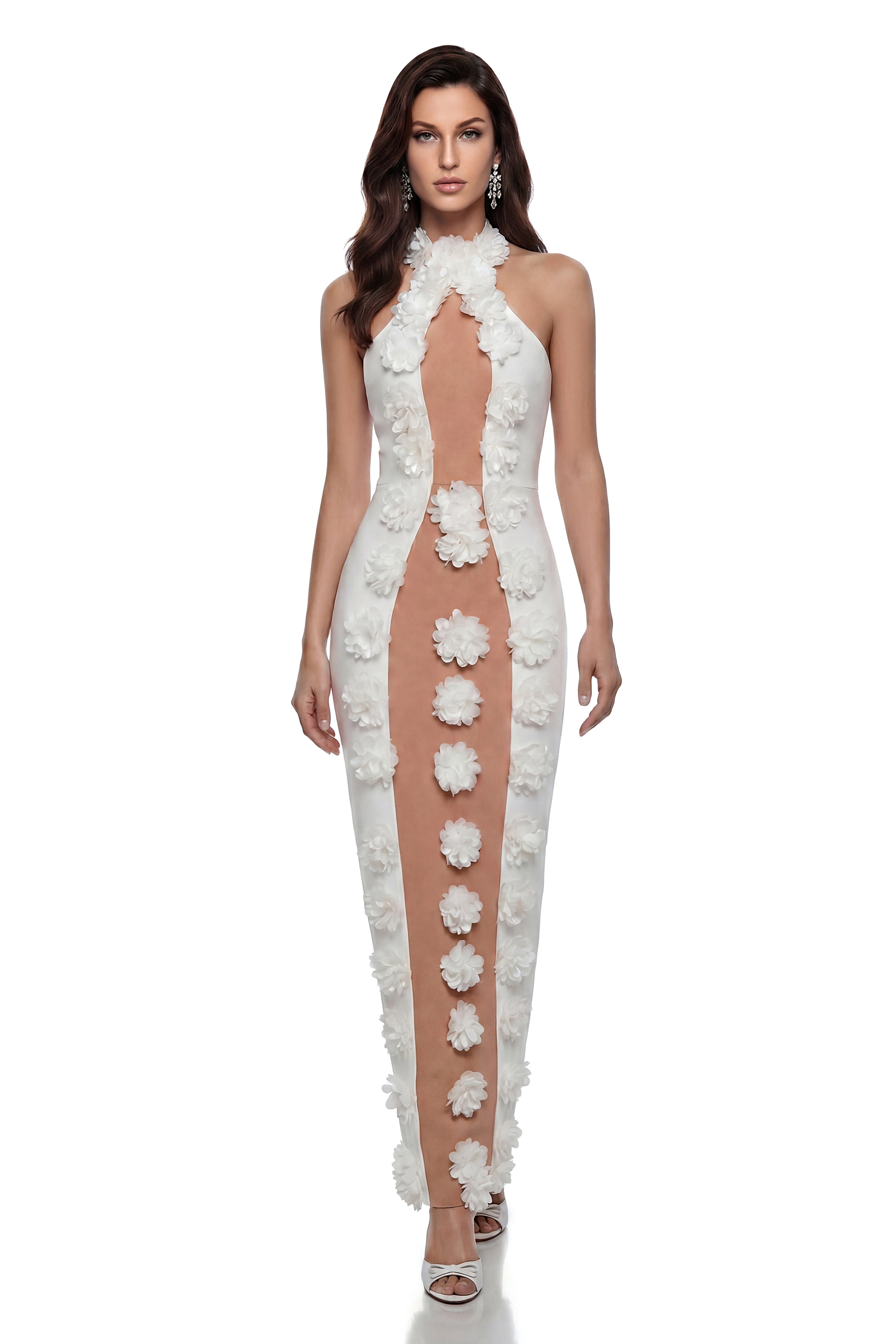 Olesia White Bandage Maxi Dress with 3D Petals