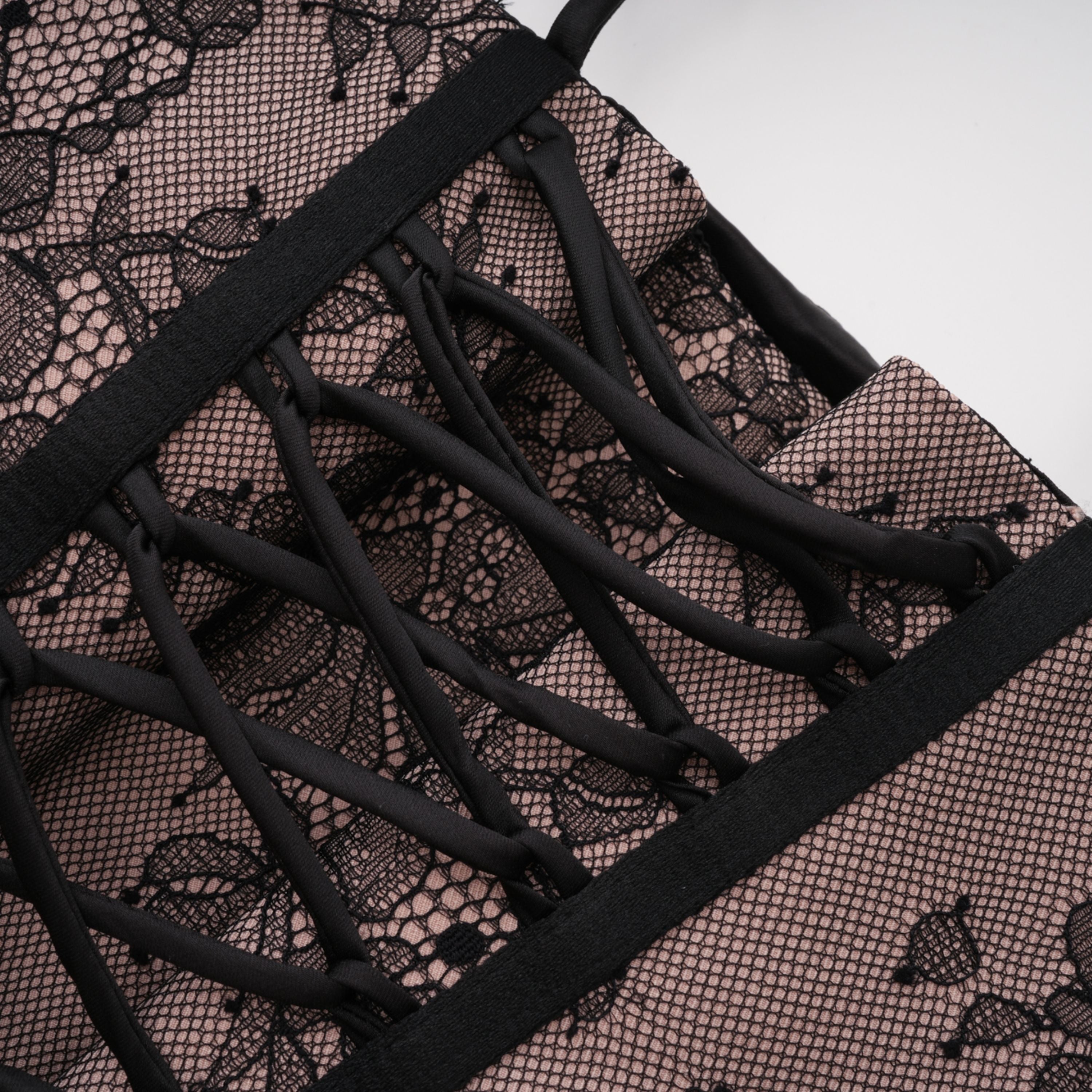 Olesya Black Ruched Mini Dress with Lace Panels (Final Sale-US Only)