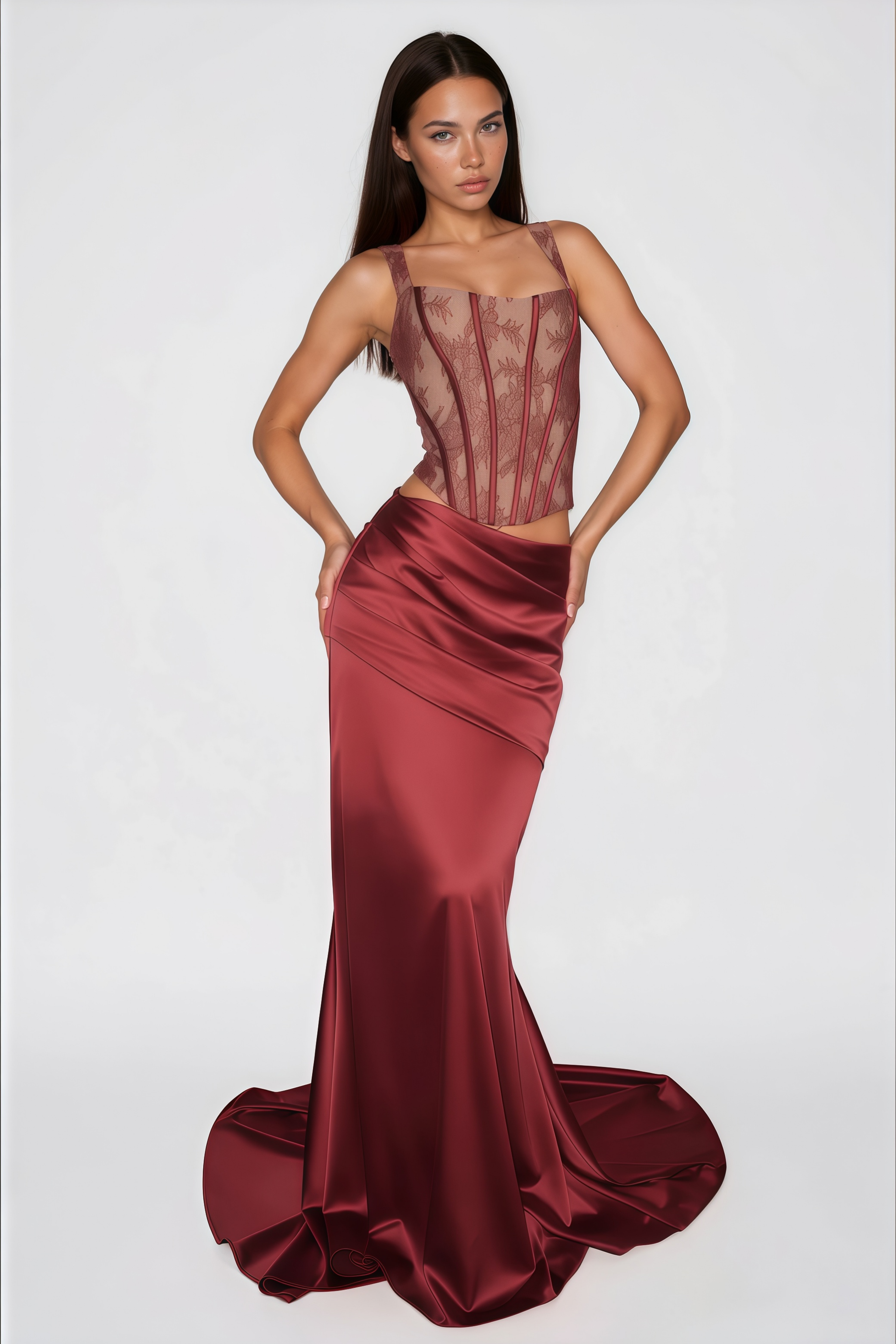 Olesya Red Lace Top & Ruched Skirt Set (Final Sale-US Only)