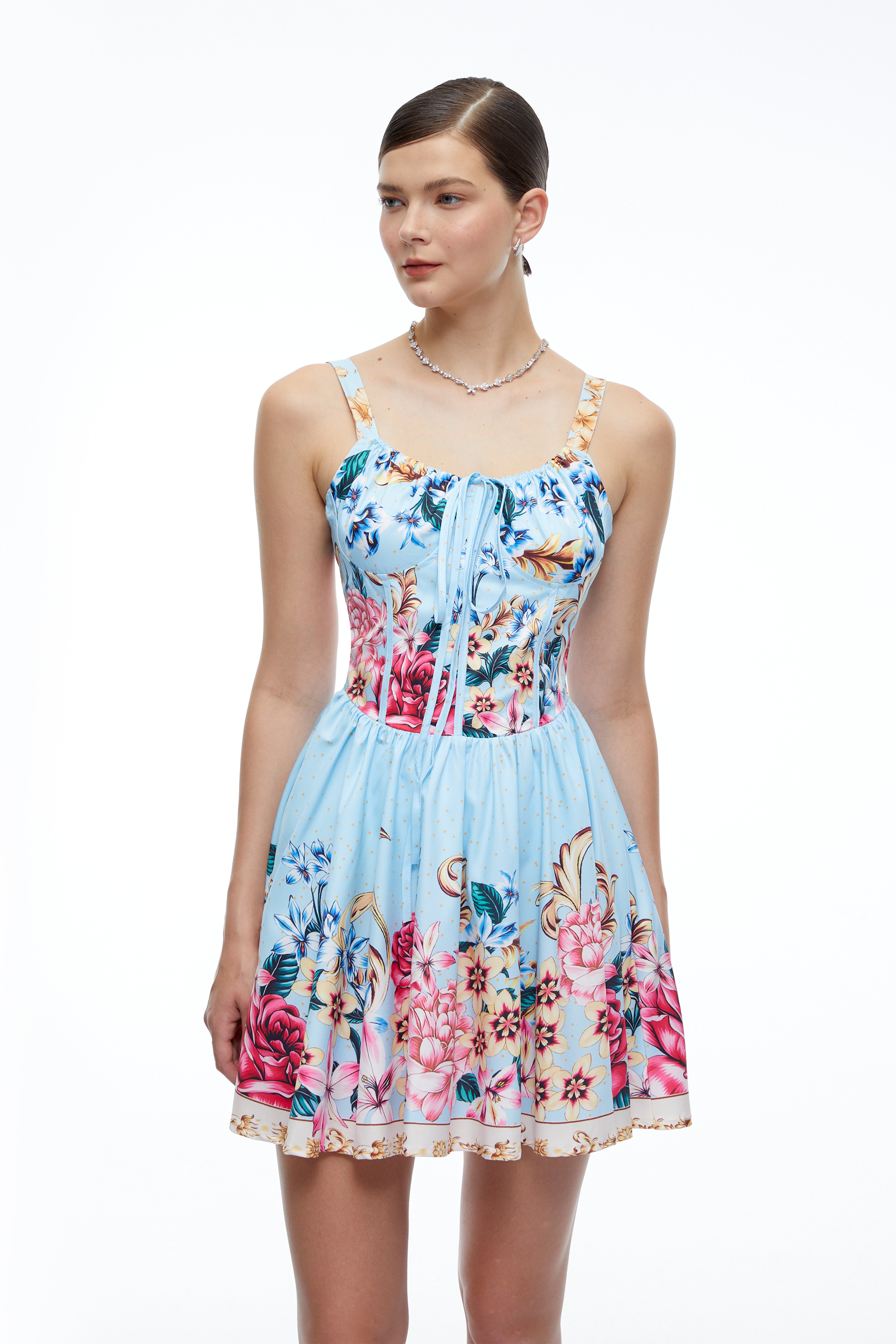 Olivette Blue Floral Ruched Mini Dress