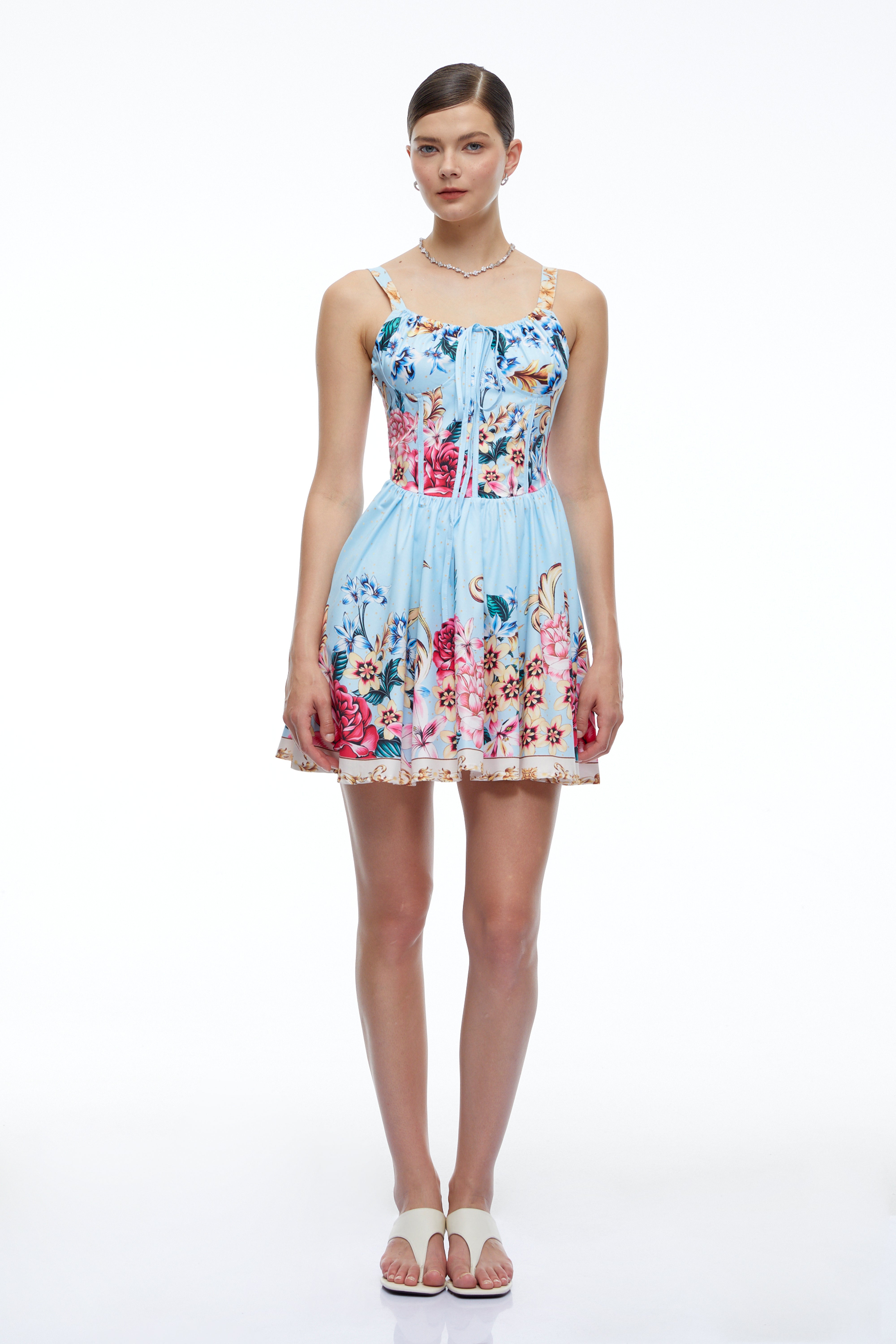 Olivette Blue Floral Ruched Mini Dress