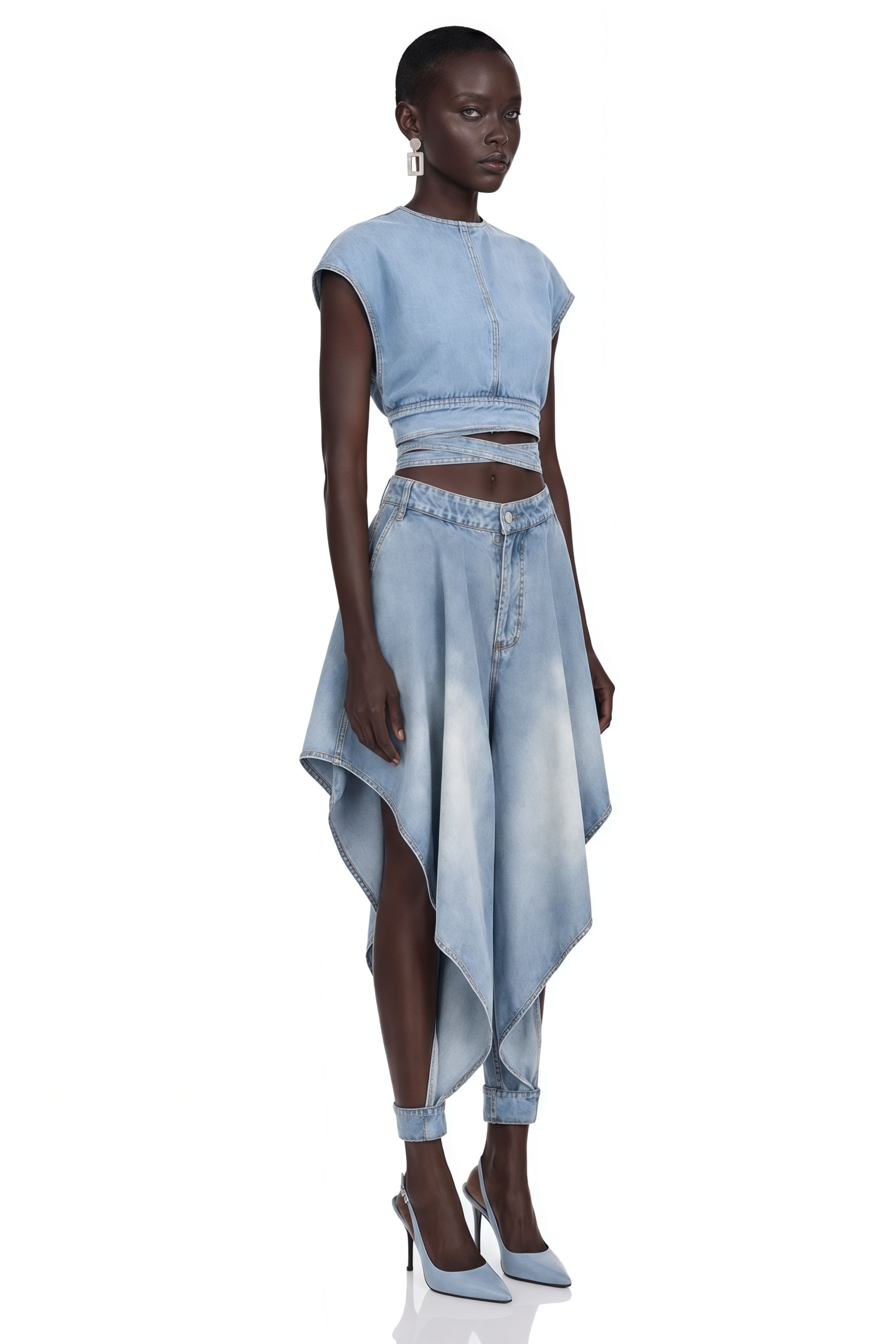 Olivia Blue Denim Top & Asymmetrical Trousers Set
