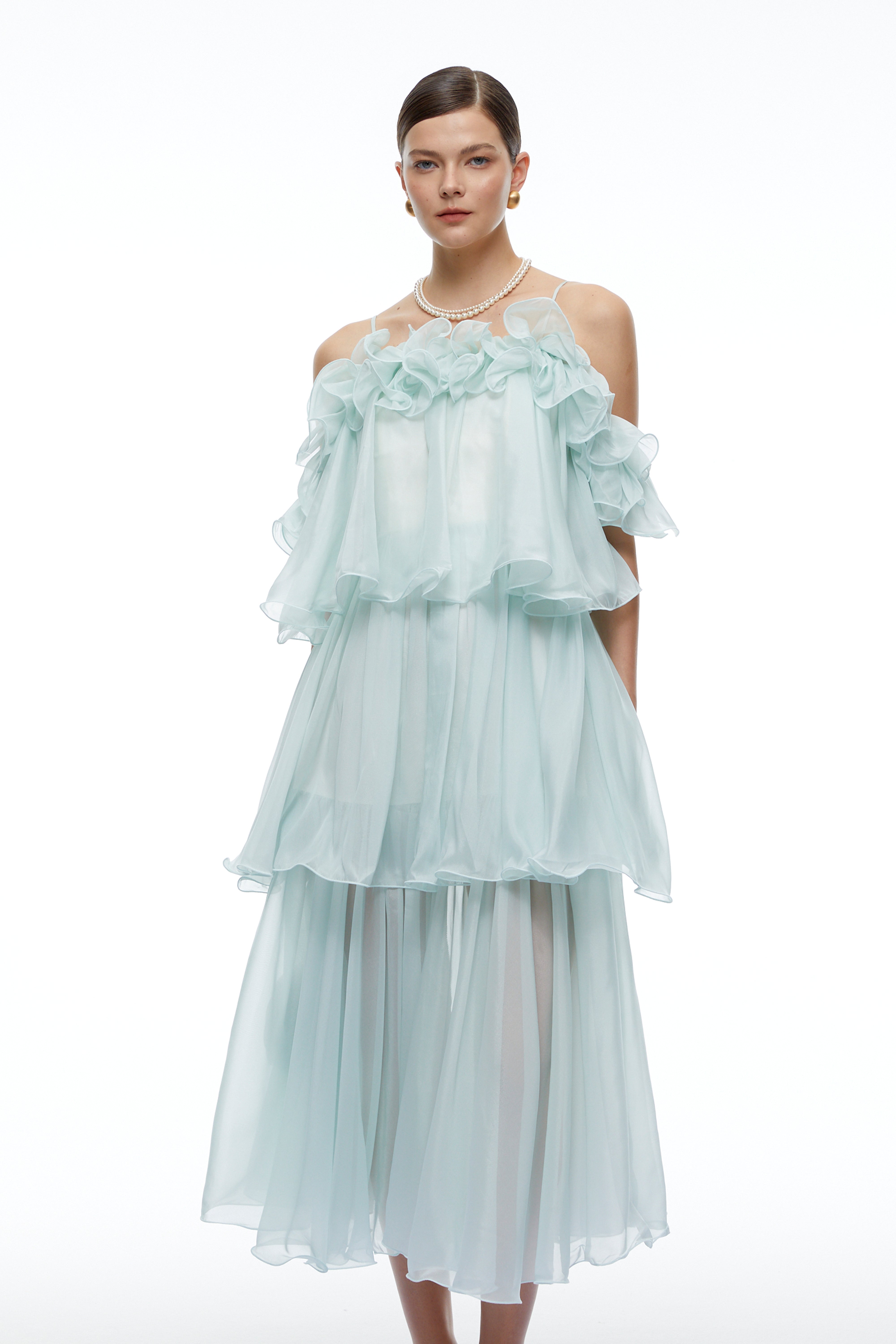 Olivienne Mint Green Off Shoulder Tiered Ruffled Midi Dress