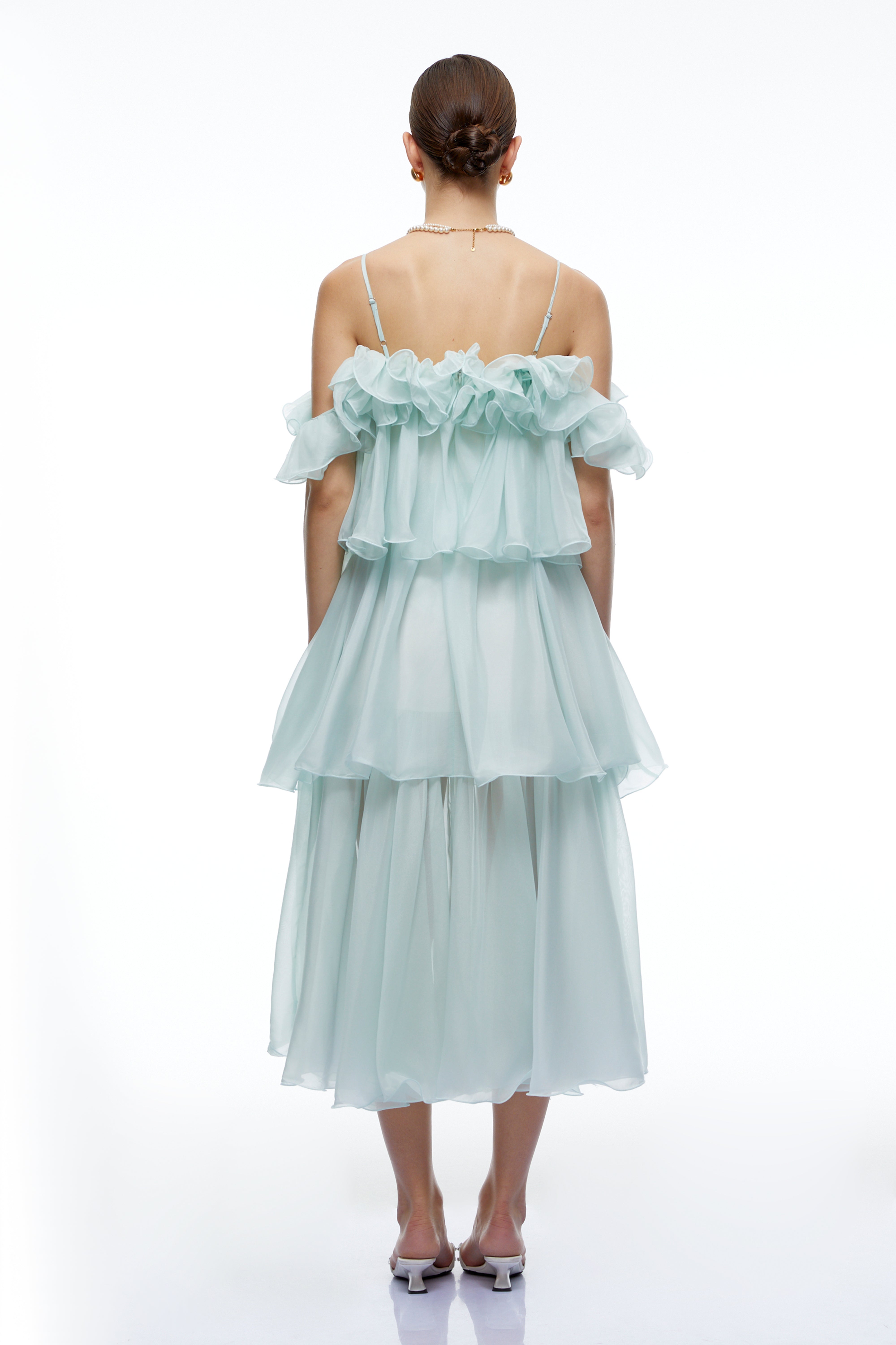 Olivienne Mint Green Off Shoulder Tiered Ruffled Midi Dress