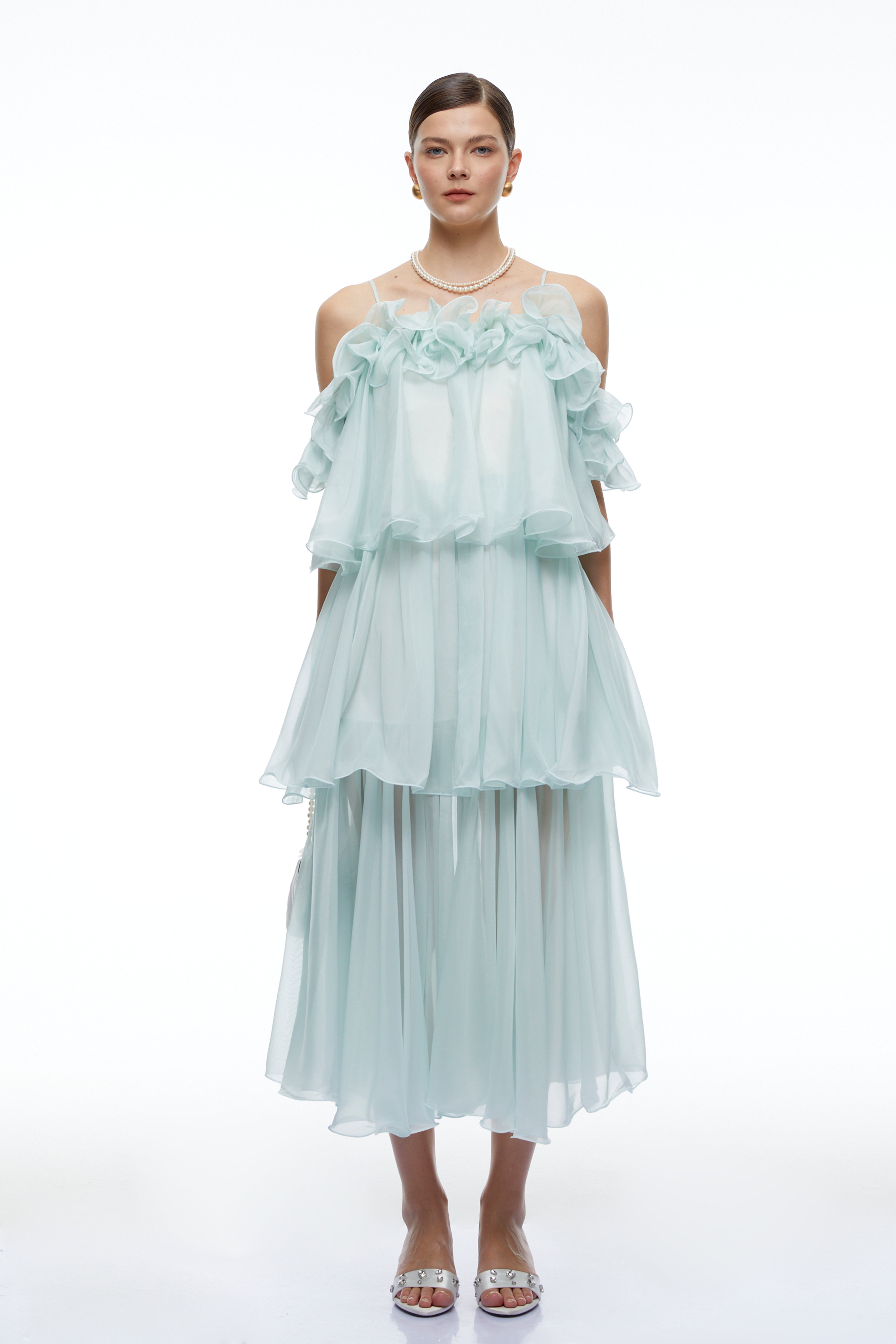 Olivienne Mint Green Off Shoulder Tiered Ruffled Midi Dress